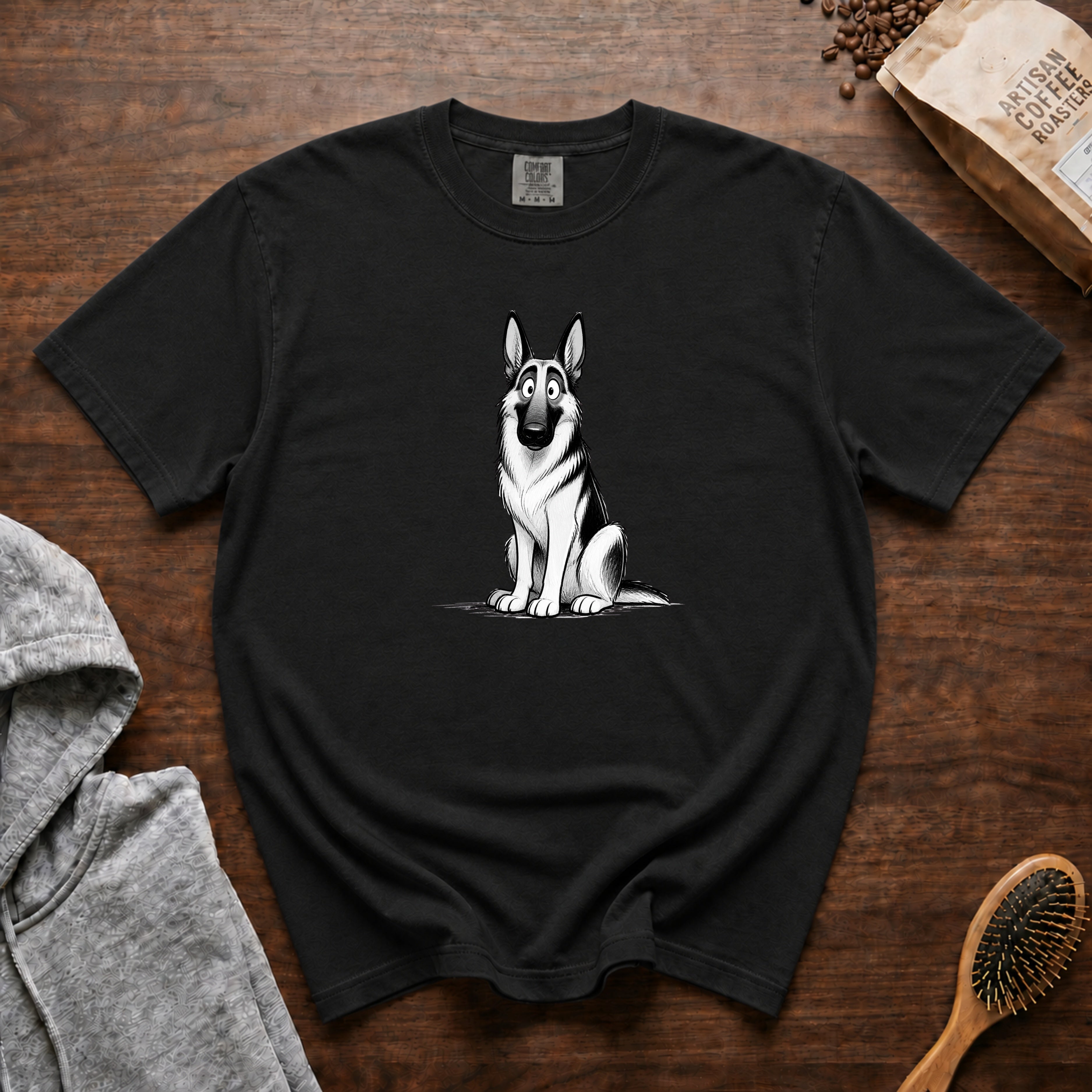 Cartoon German Shepherd T-Shirt — Black