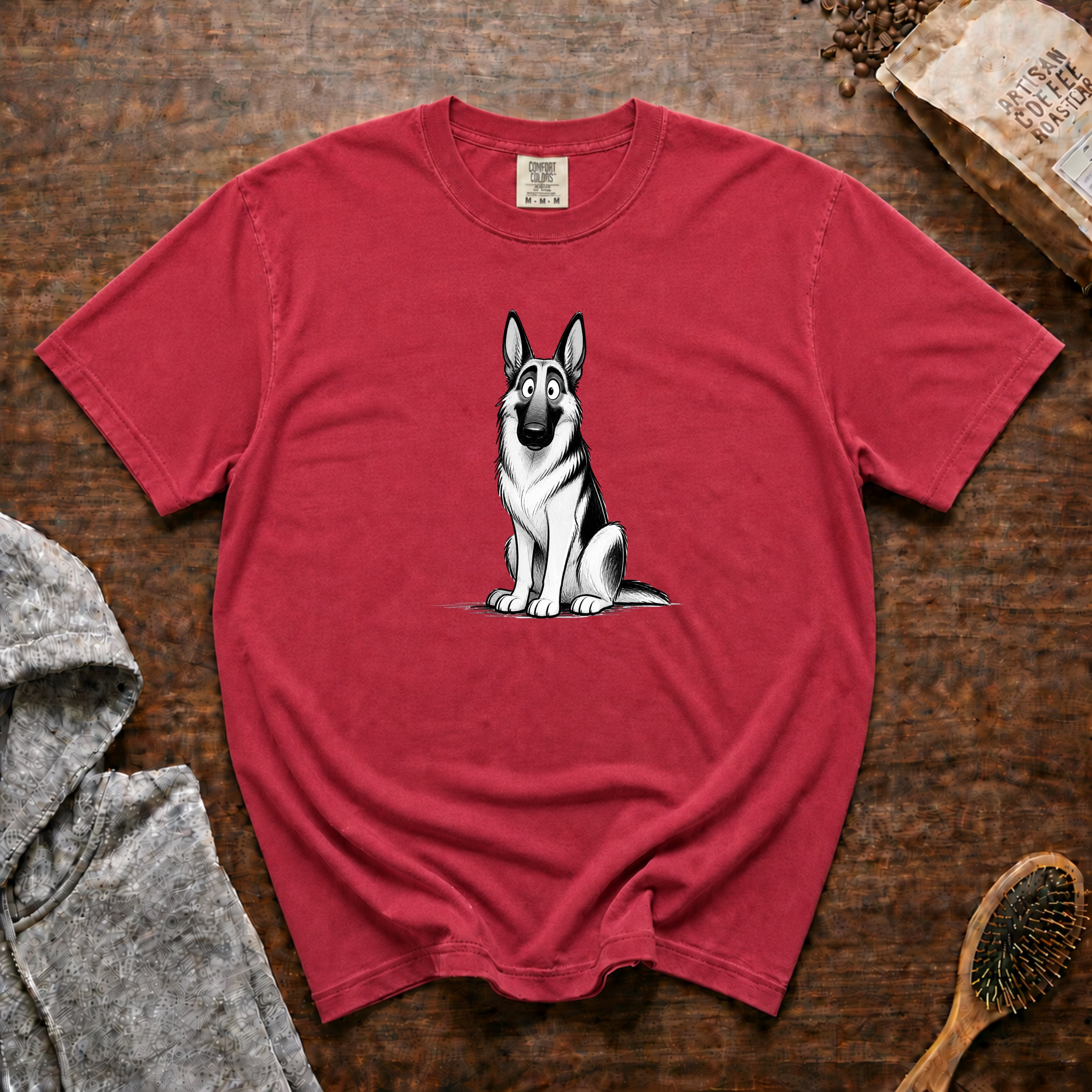 Cartoon German Shepherd T-Shirt — Crimson