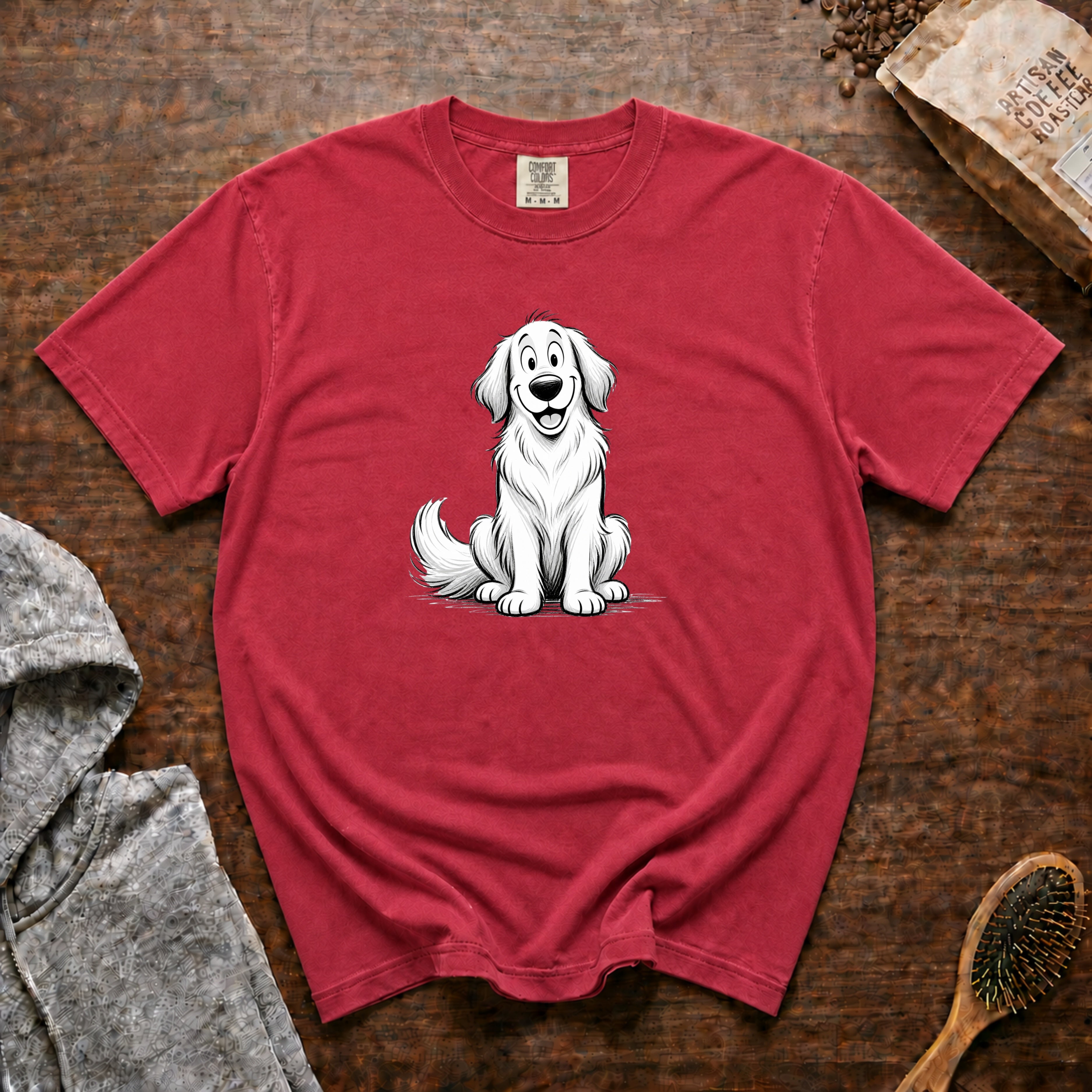 Cartoon Golden Retriever T-Shirt — Crimson