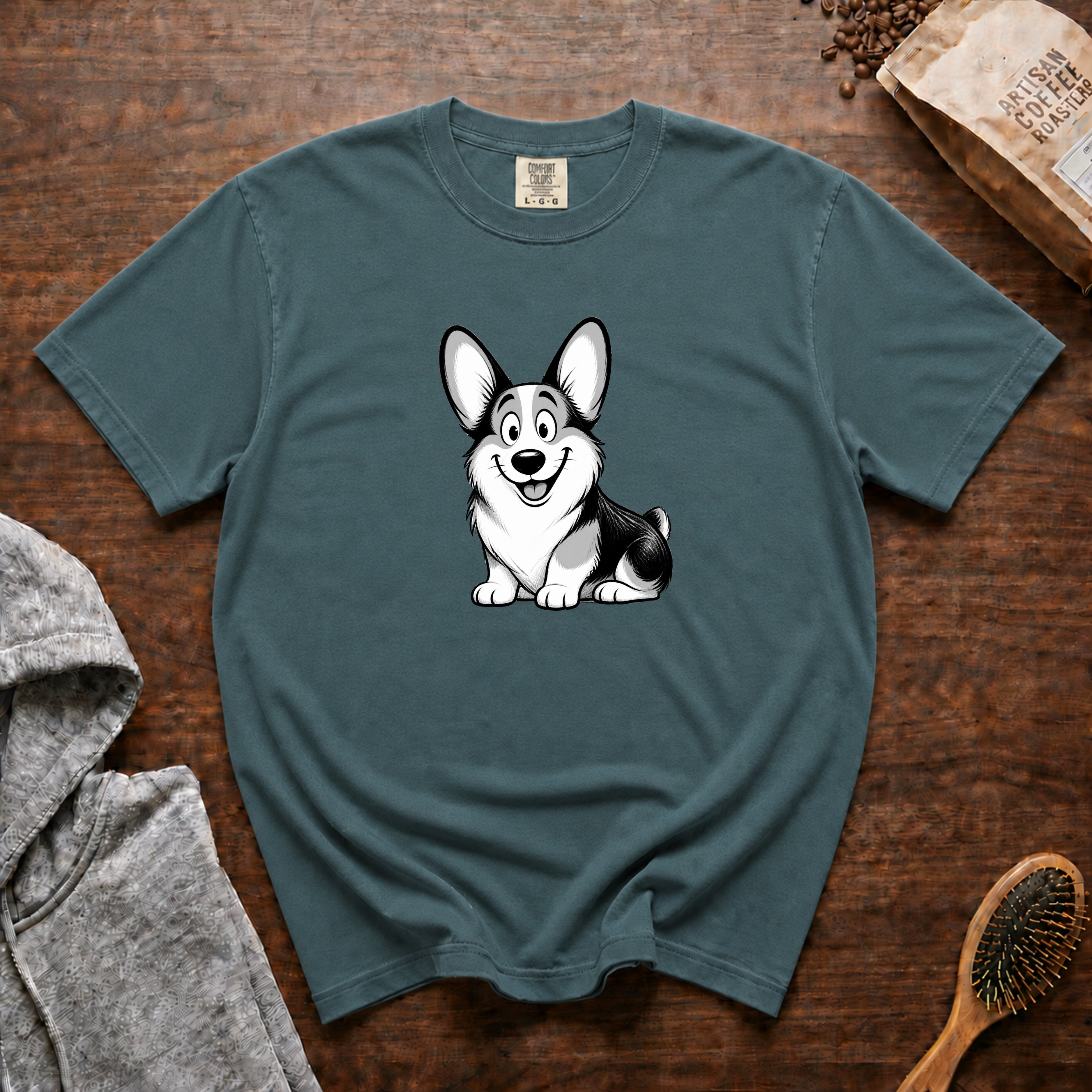 Cartoon Pembroke Welsh Corgi T-Shirt — Blue Spruce