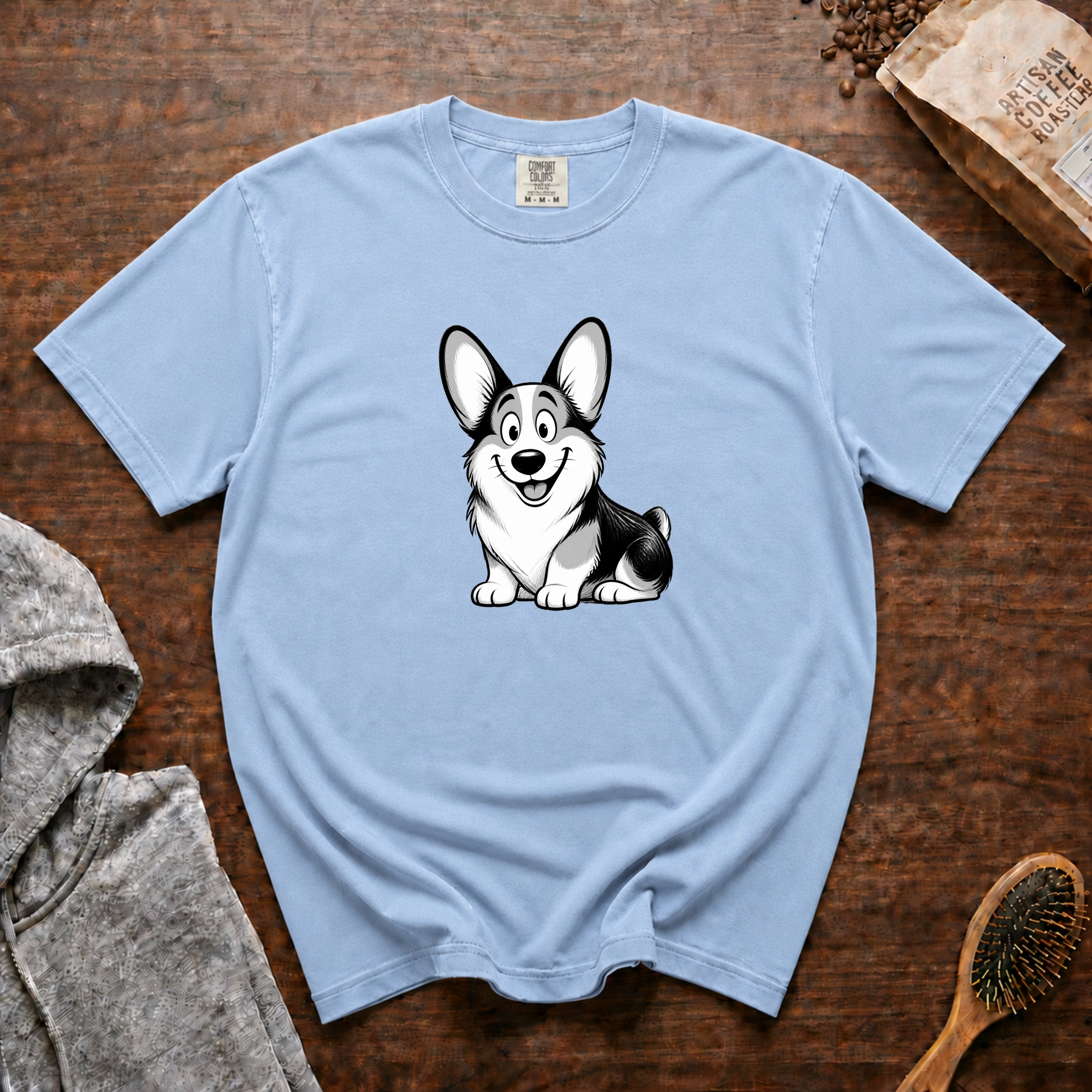 Cartoon Pembroke Welsh Corgi T-Shirt — Chambray