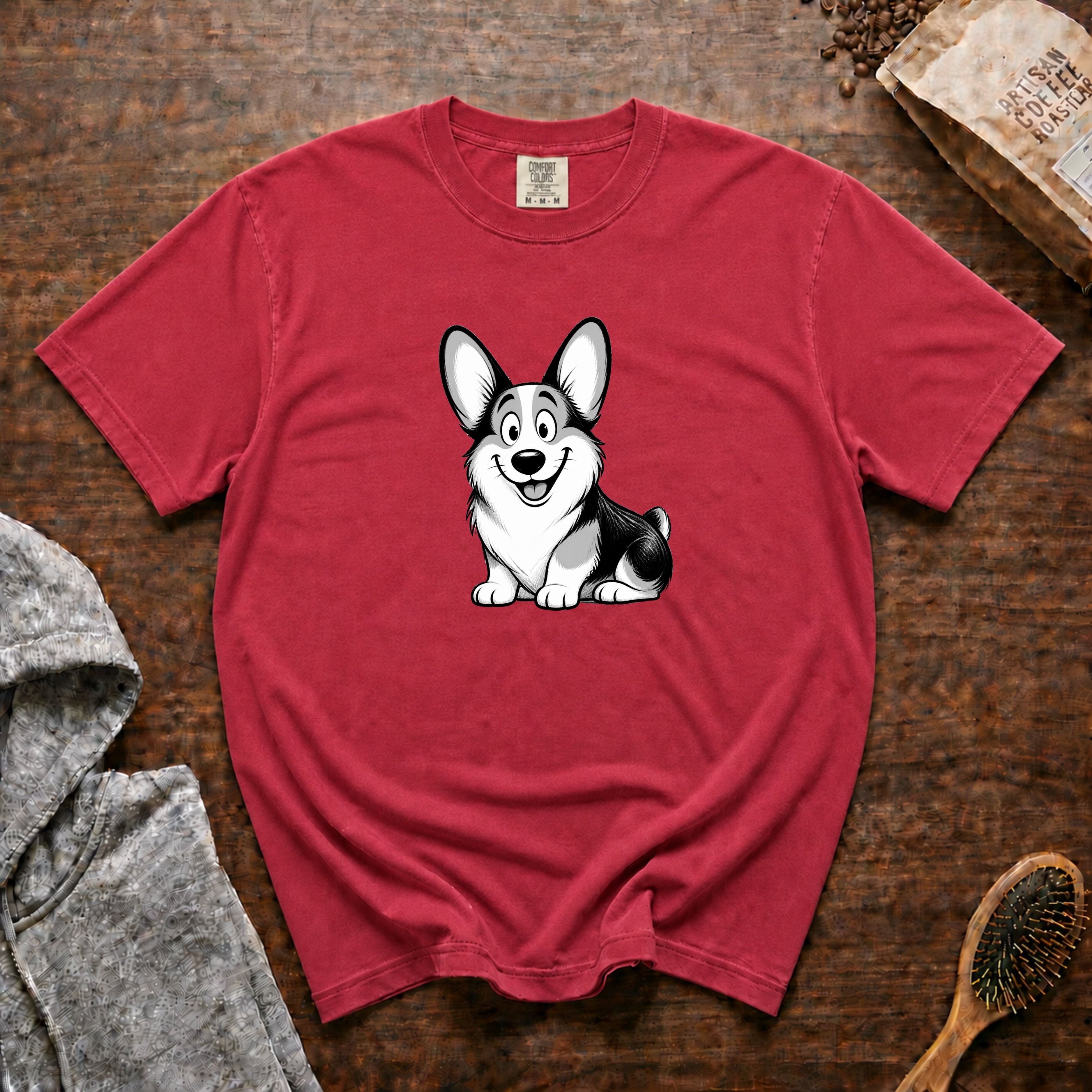 Cartoon Pembroke Welsh Corgi T-Shirt — Crimson