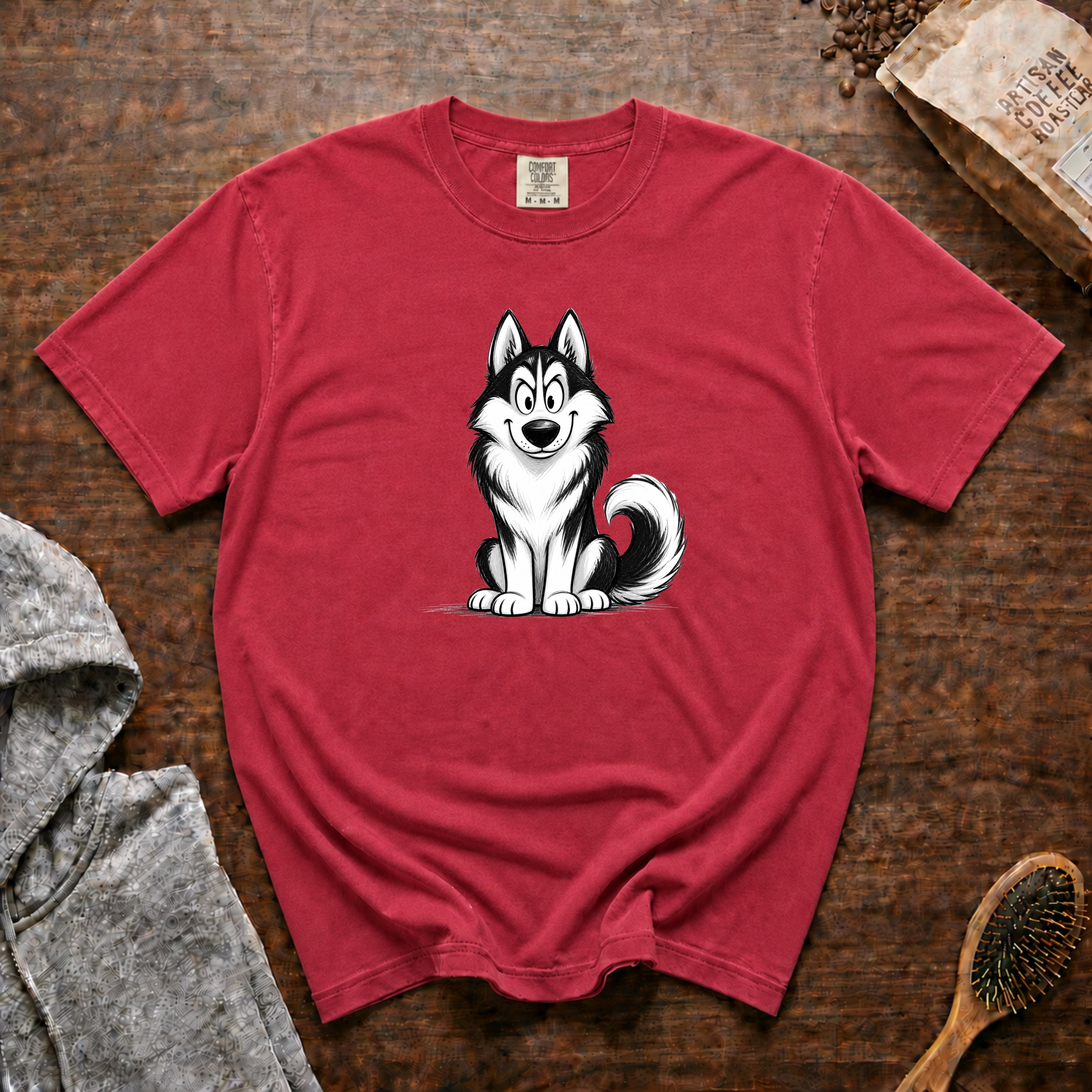 Cartoon Siberian Husky T-Shirt — Crimson