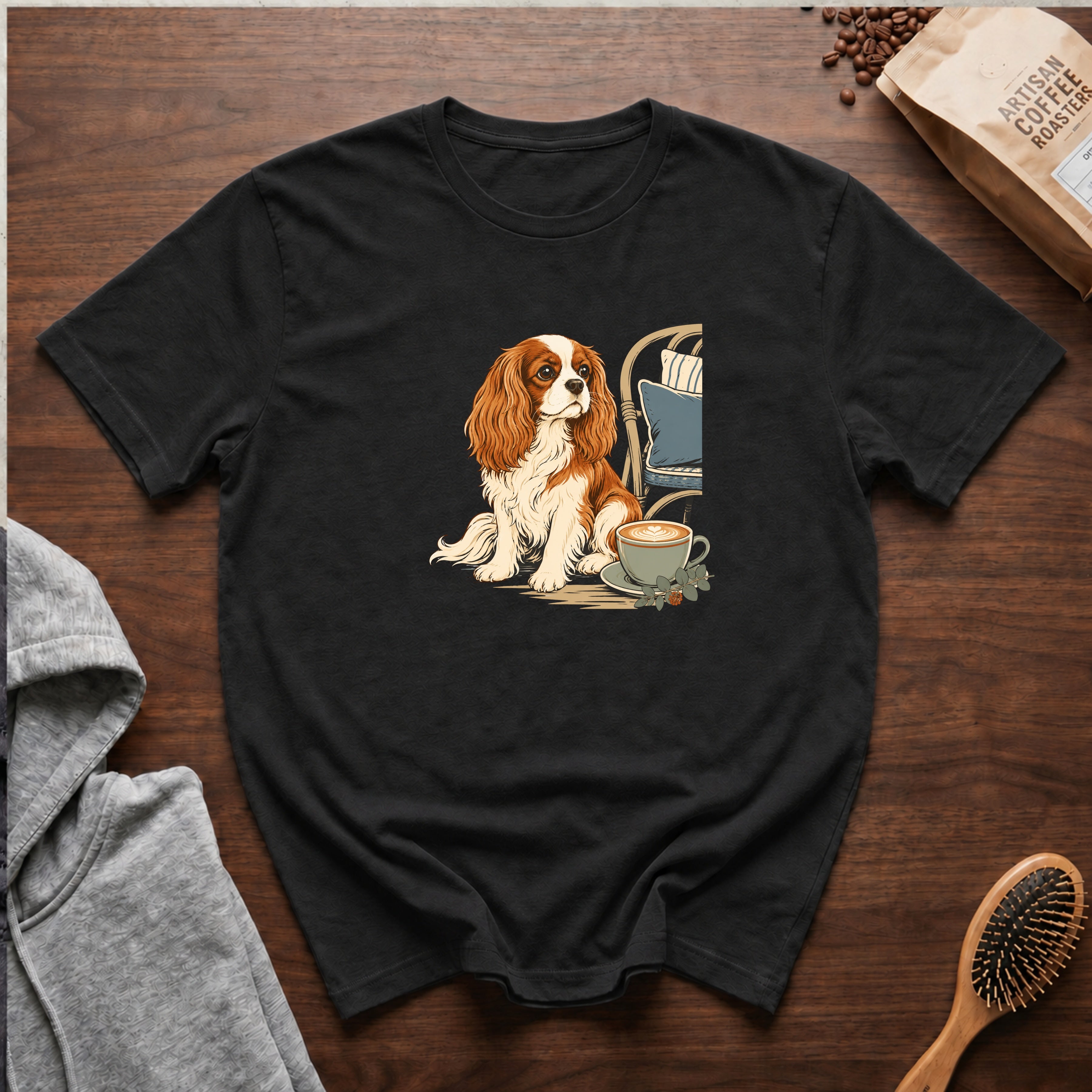 Cavalier King Charles Spaniel Velvet Lap Latte T-Shirt — Black