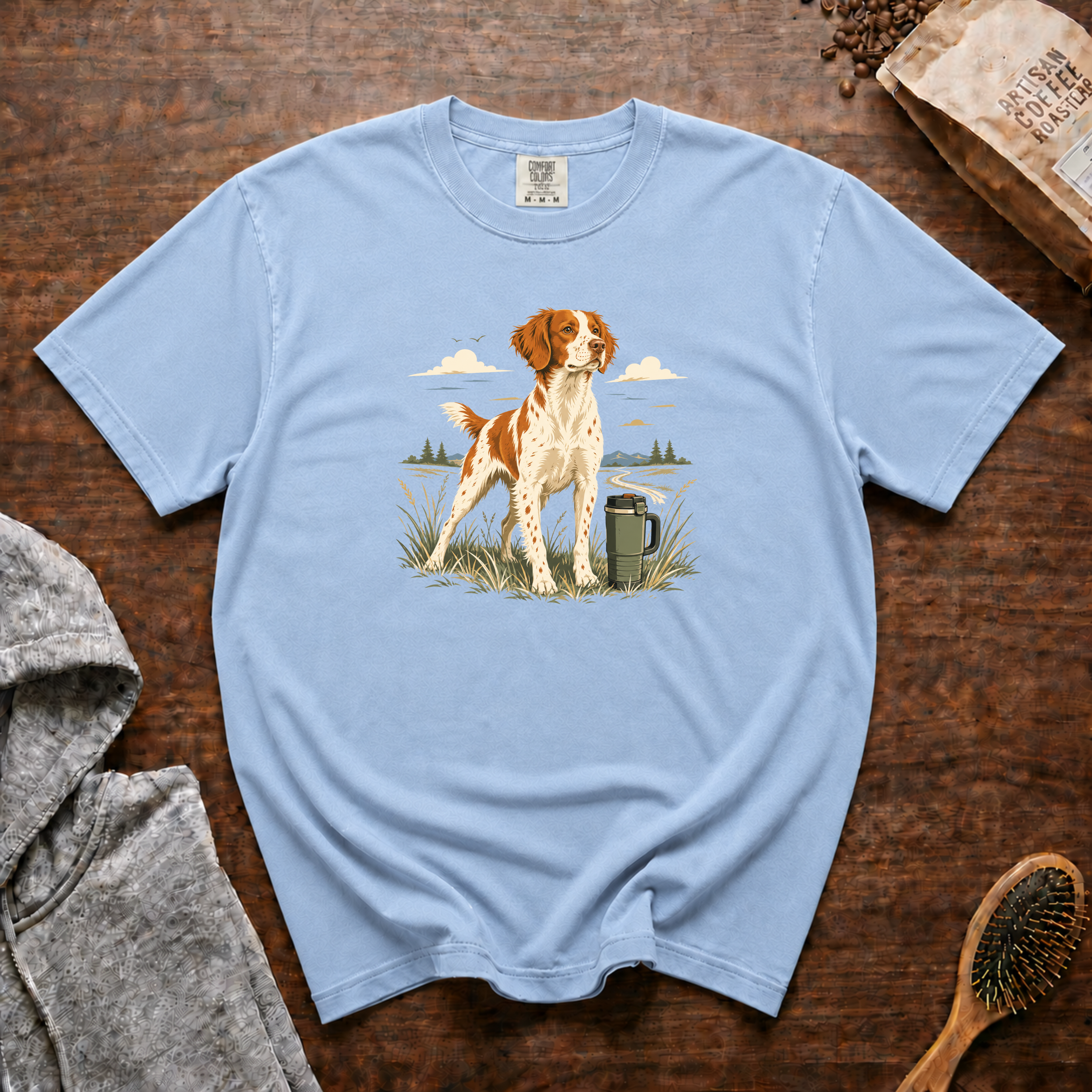 Brittany Field Mug Morning T-Shirt | Brittany Dog Coffee Tee