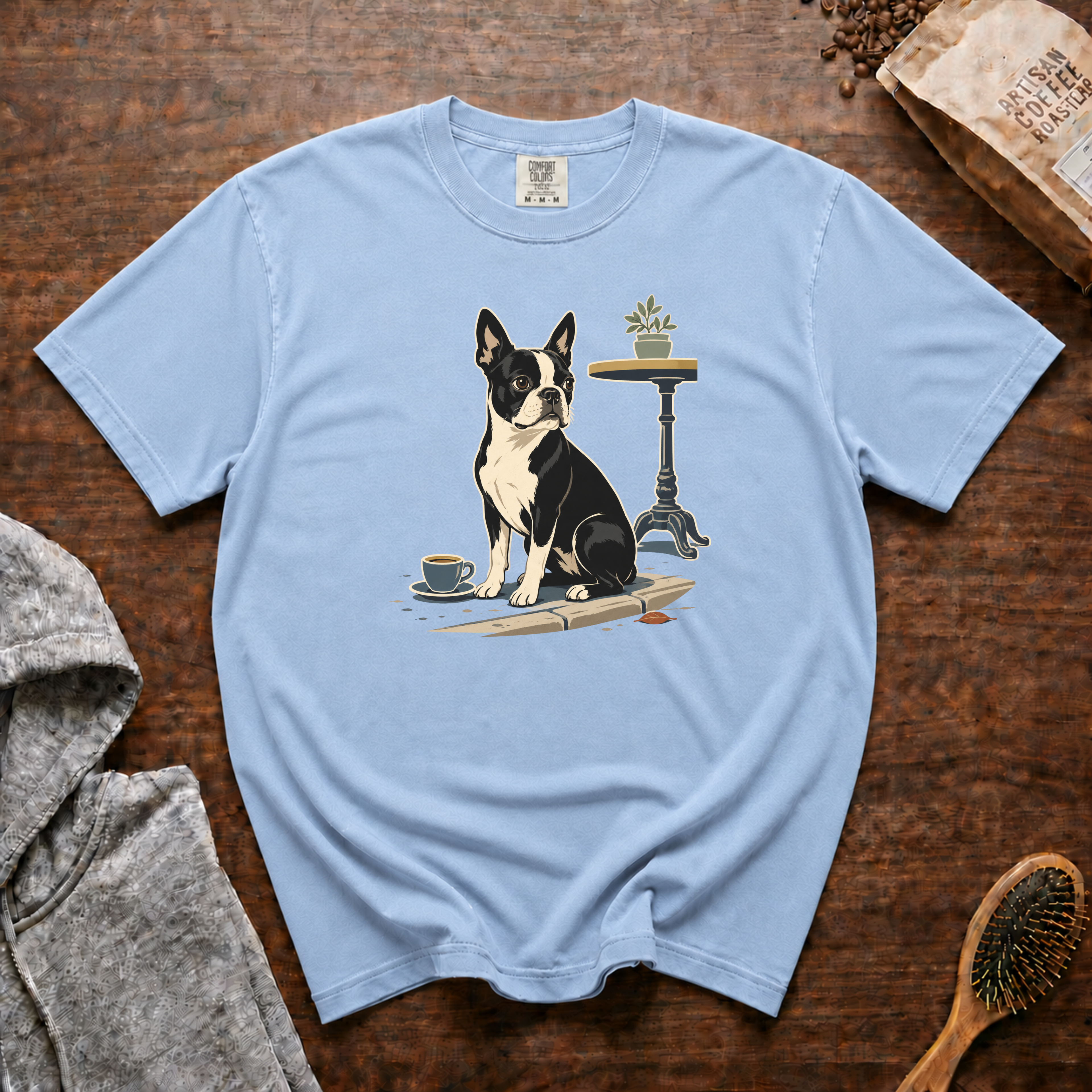 Boston Terrier Sidewalk Espresso T-Shirt | Bosty Coffee Tee