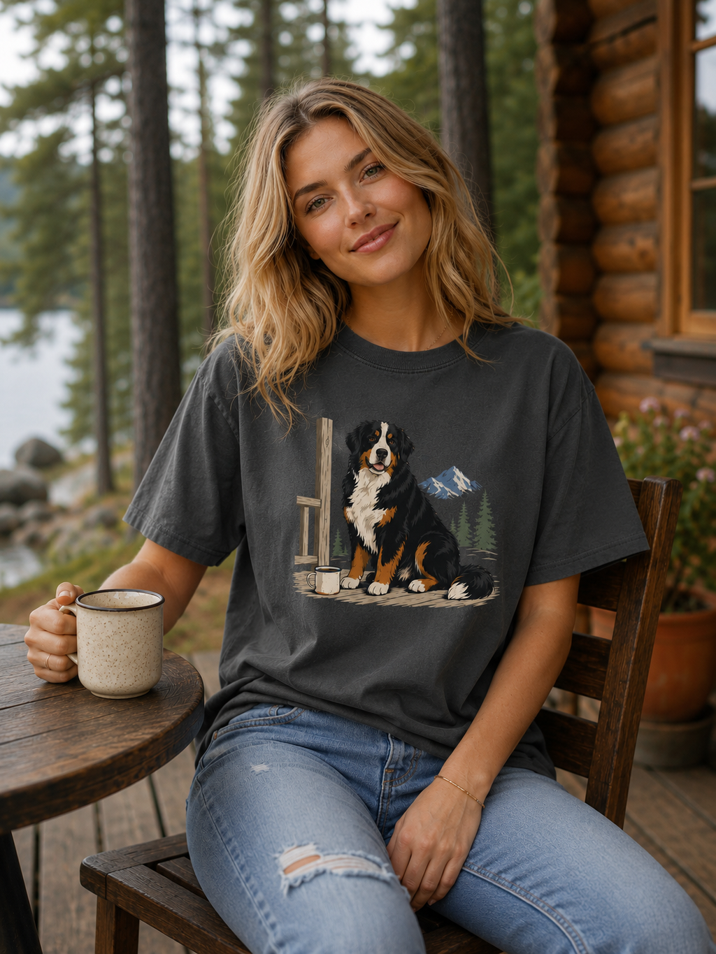 Bernese Mountain Dog Alpine Porch Mocha T-Shirt | Berner Coffee Tee