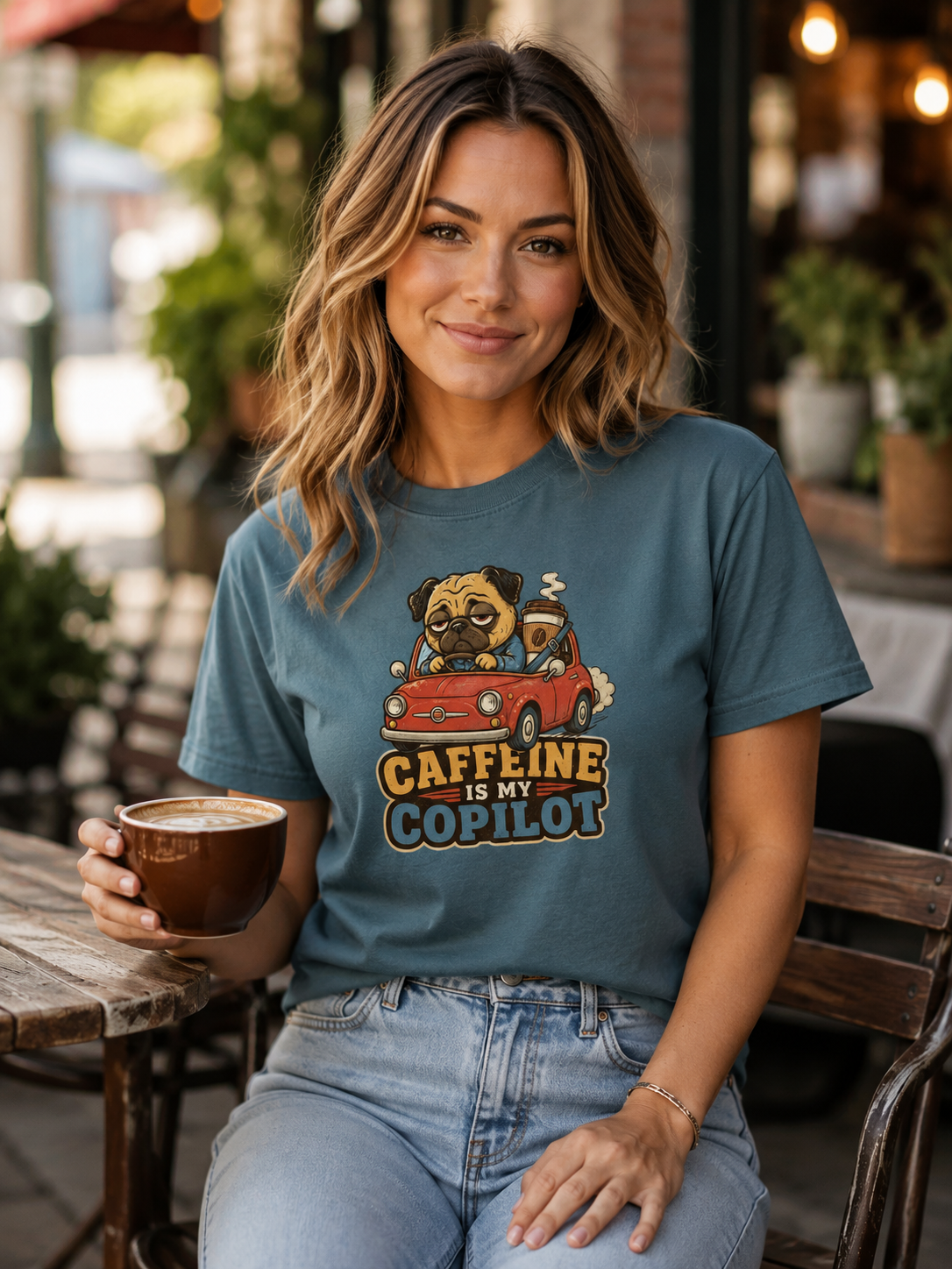 Caffeine Is My Copilot T-Shirt | Funny Dog Coffee Lover Tee