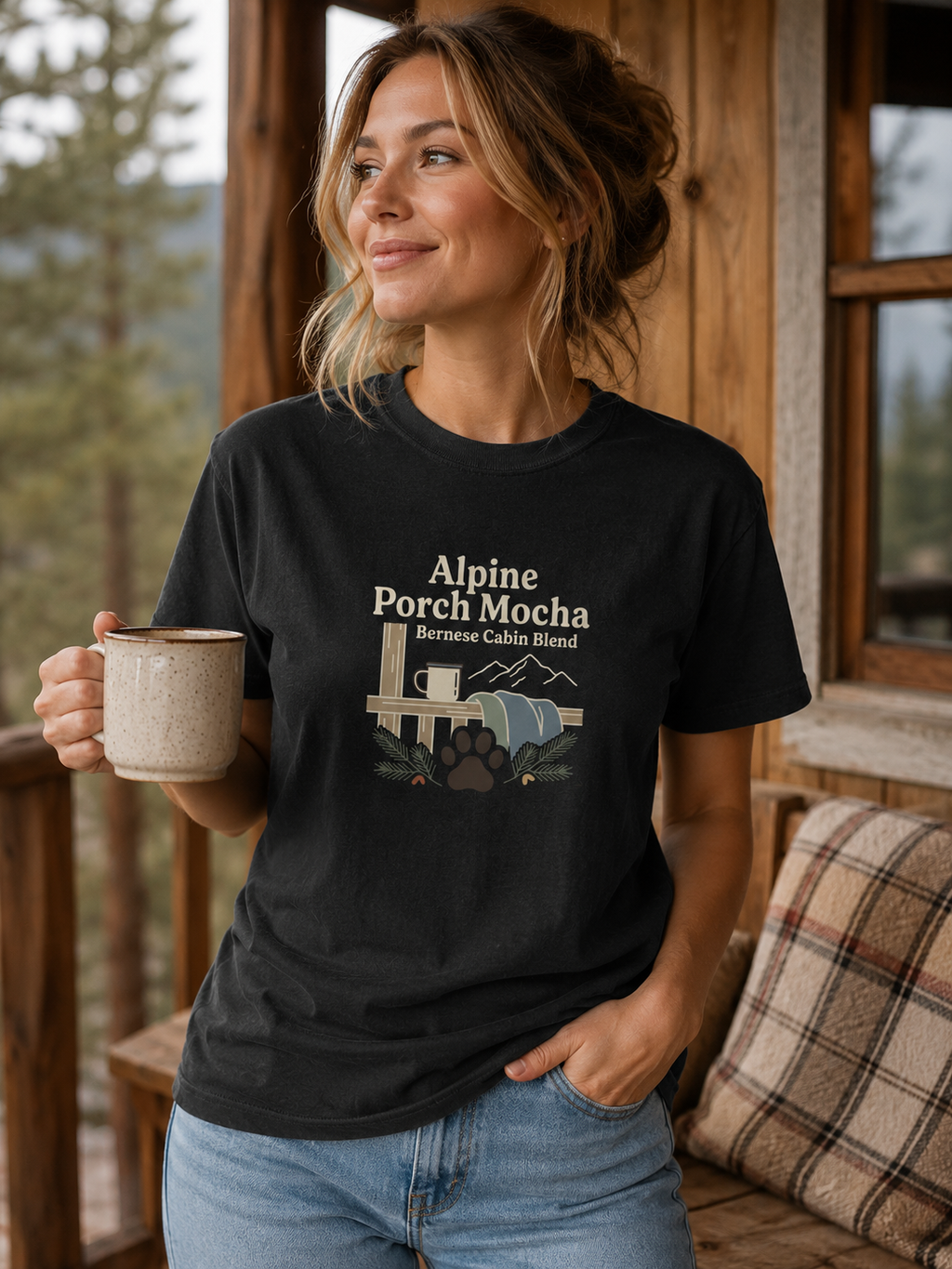 Alpine Porch Mocha T-Shirt | Dog Lover Mountain Coffee Tee