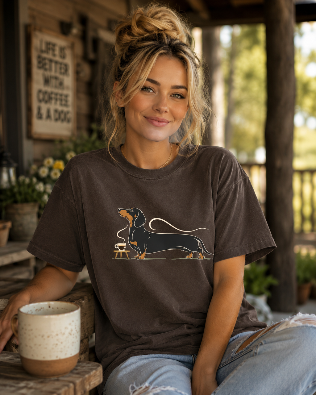 Dachshund Long Pour Espresso T-Shirt | Dachshund Coffee Tee