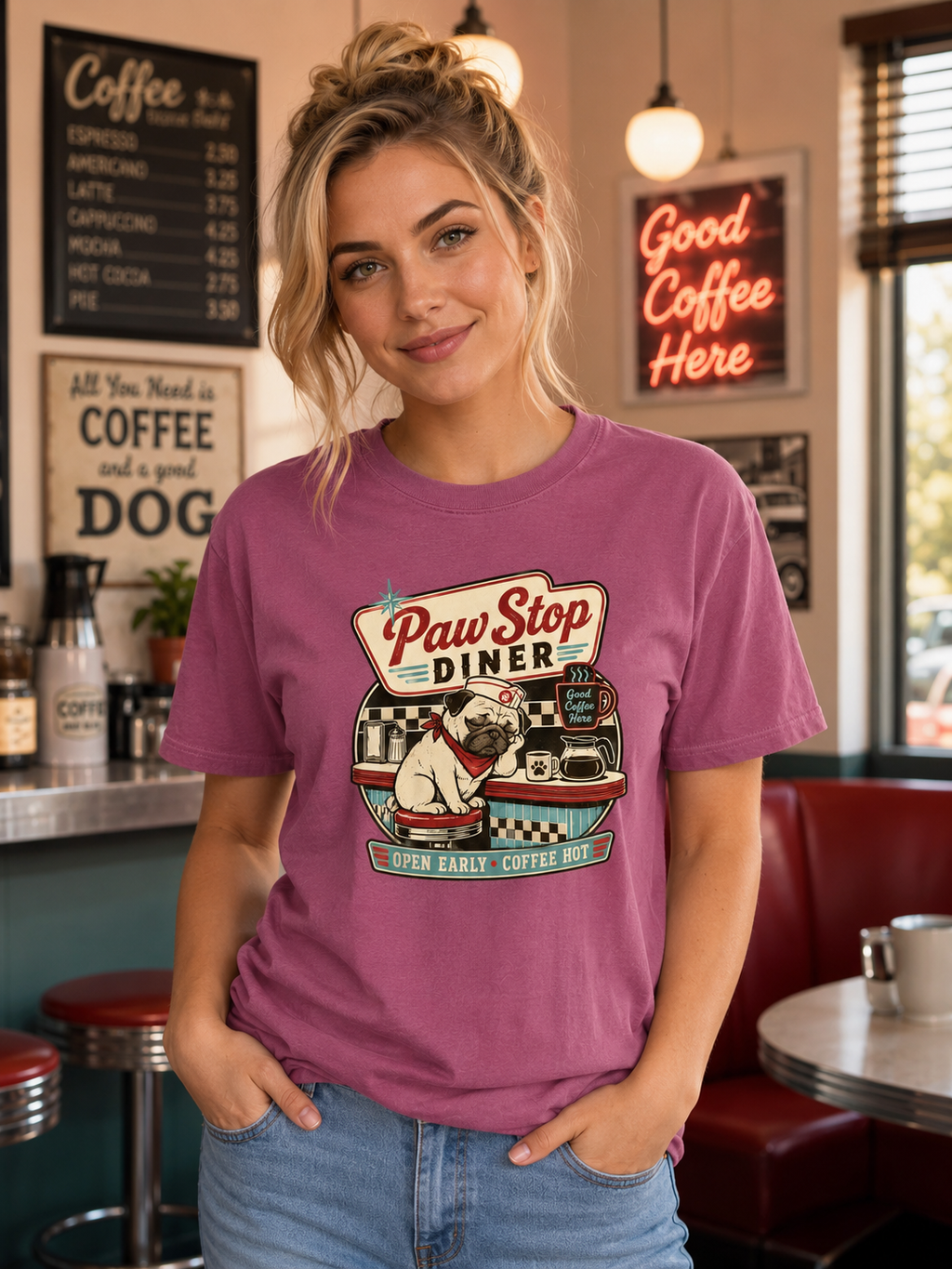 Paw Stop Diner T-Shirt | Funny Dog Lover Coffee Diner Tee