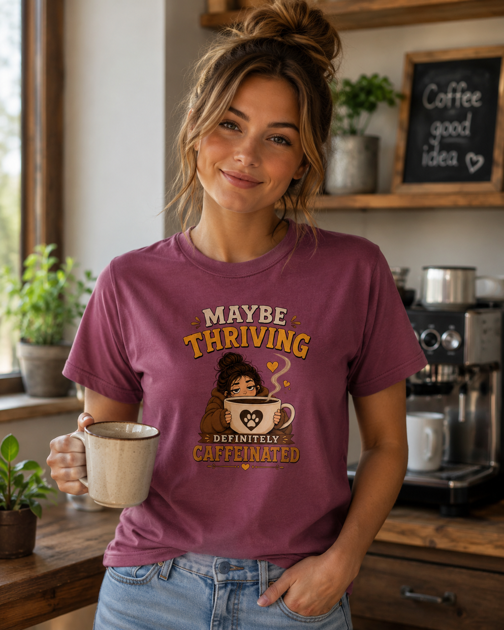 Maybe Thriving Definitely Caffeinated T-Shirt | Funny Coffee Tee