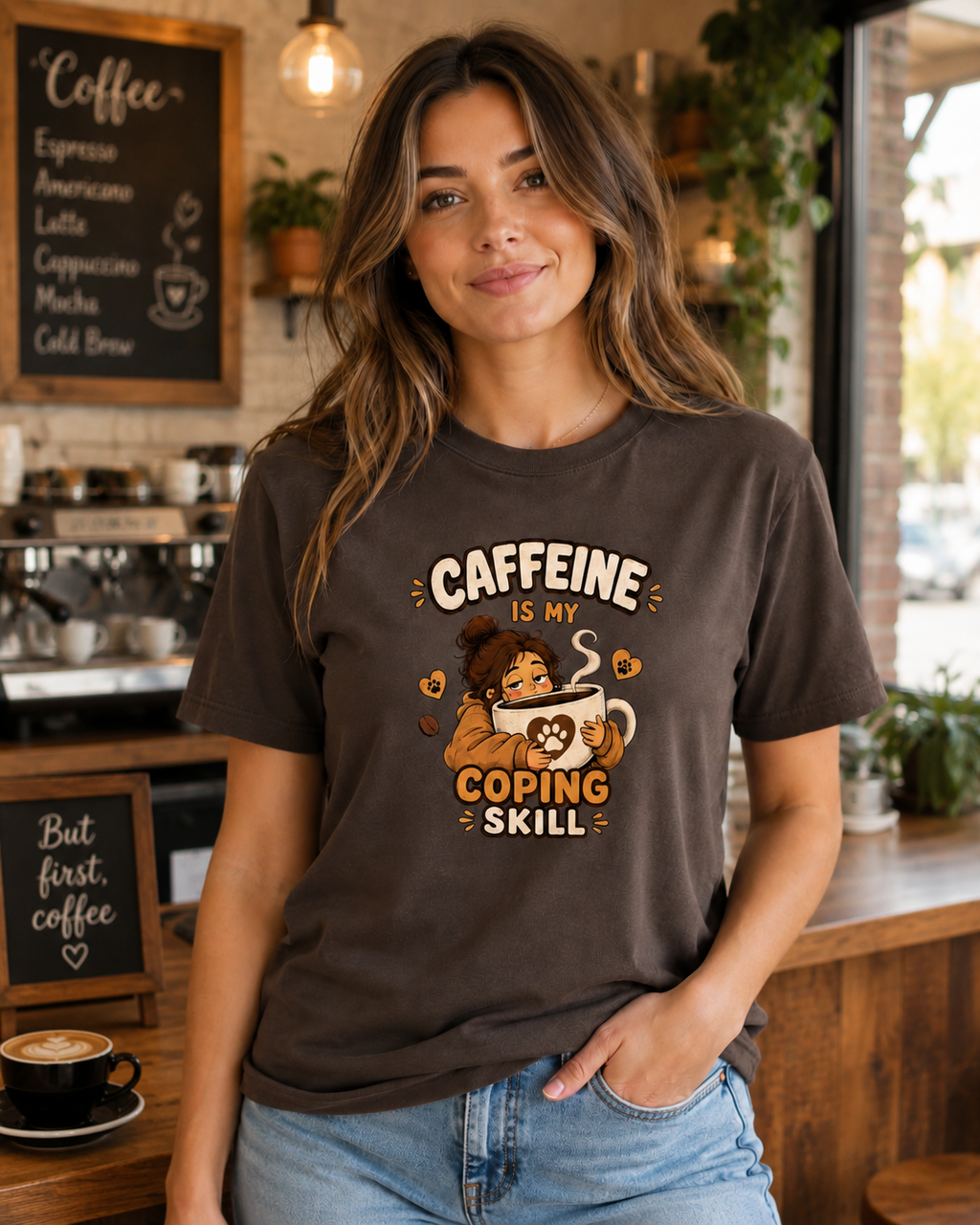 Caffeine Is My Coping Skill T-Shirt | Funny Coffee Dog Tee