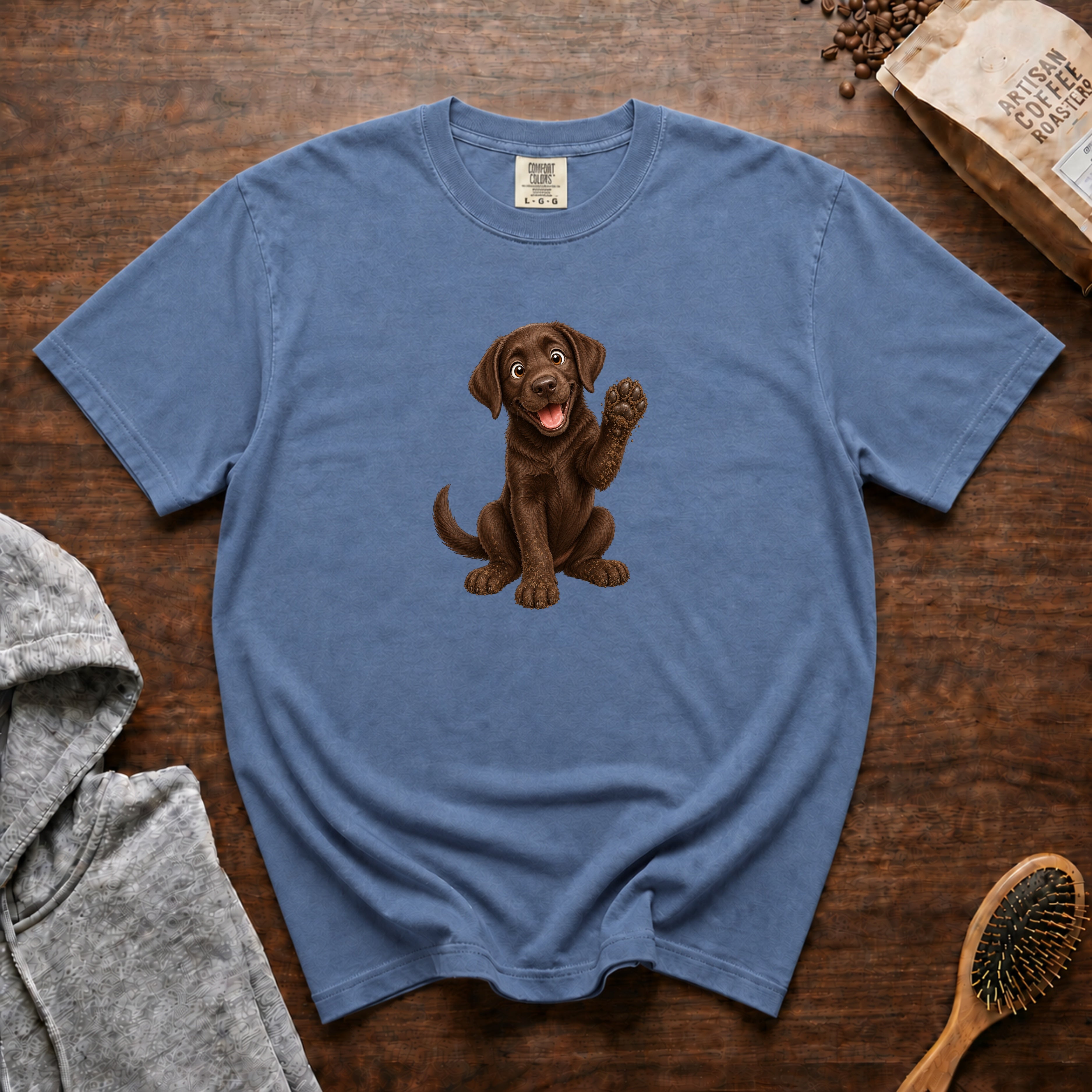 Chocolate Lab Waving T-Shirt — Blue Jean
