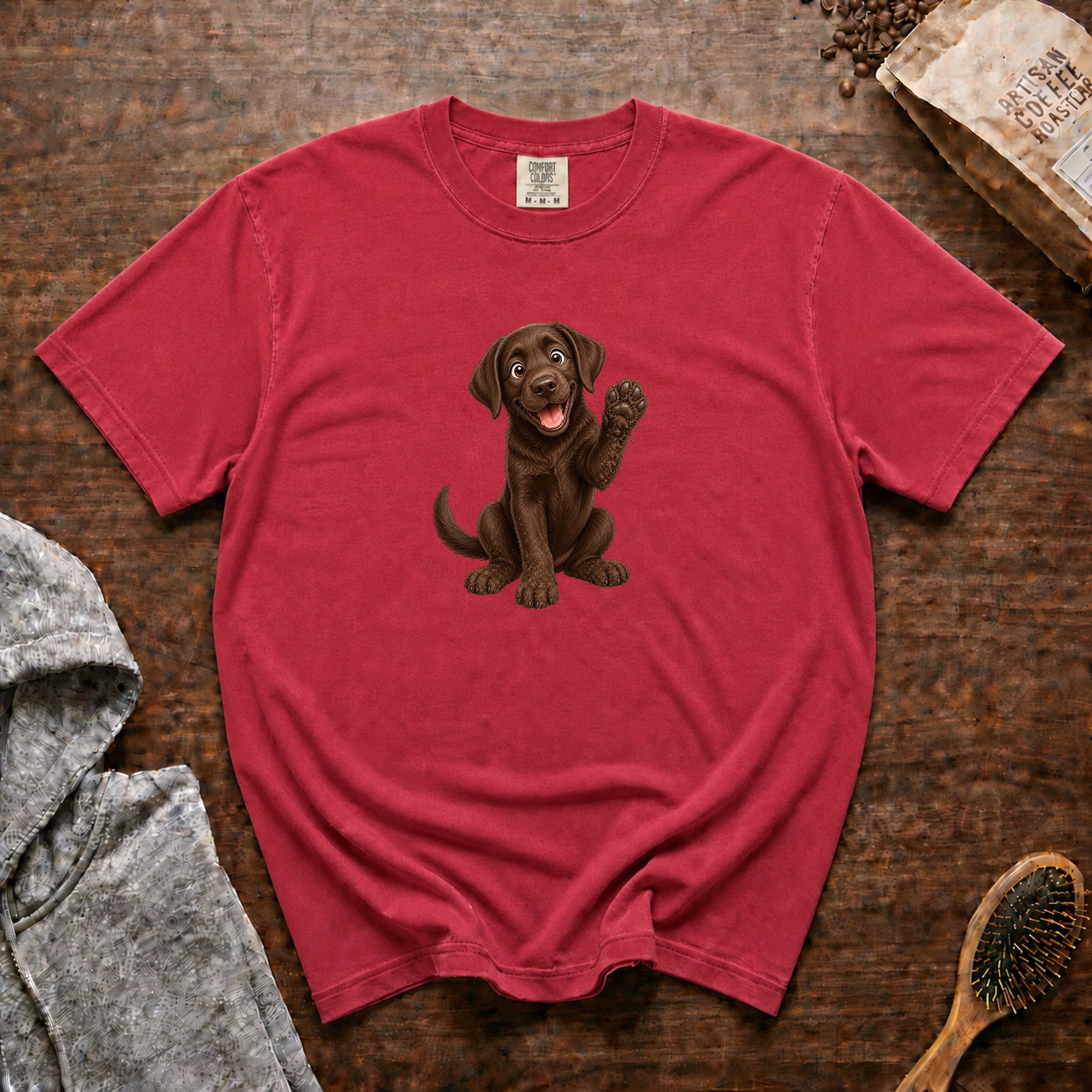 Chocolate Lab Waving T-Shirt — Crimson