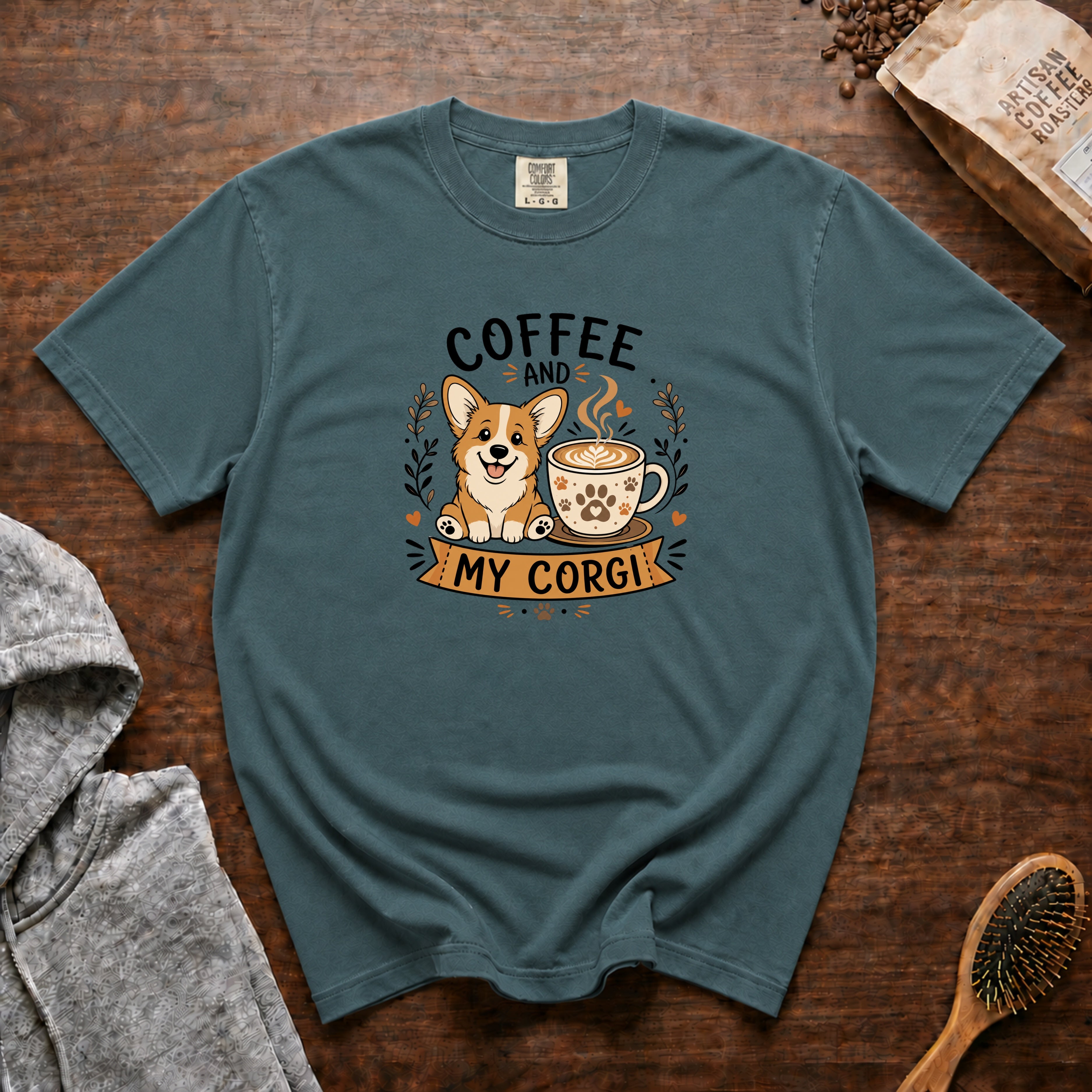 Coffee And My Corgi T-Shirt — Blue Spruce