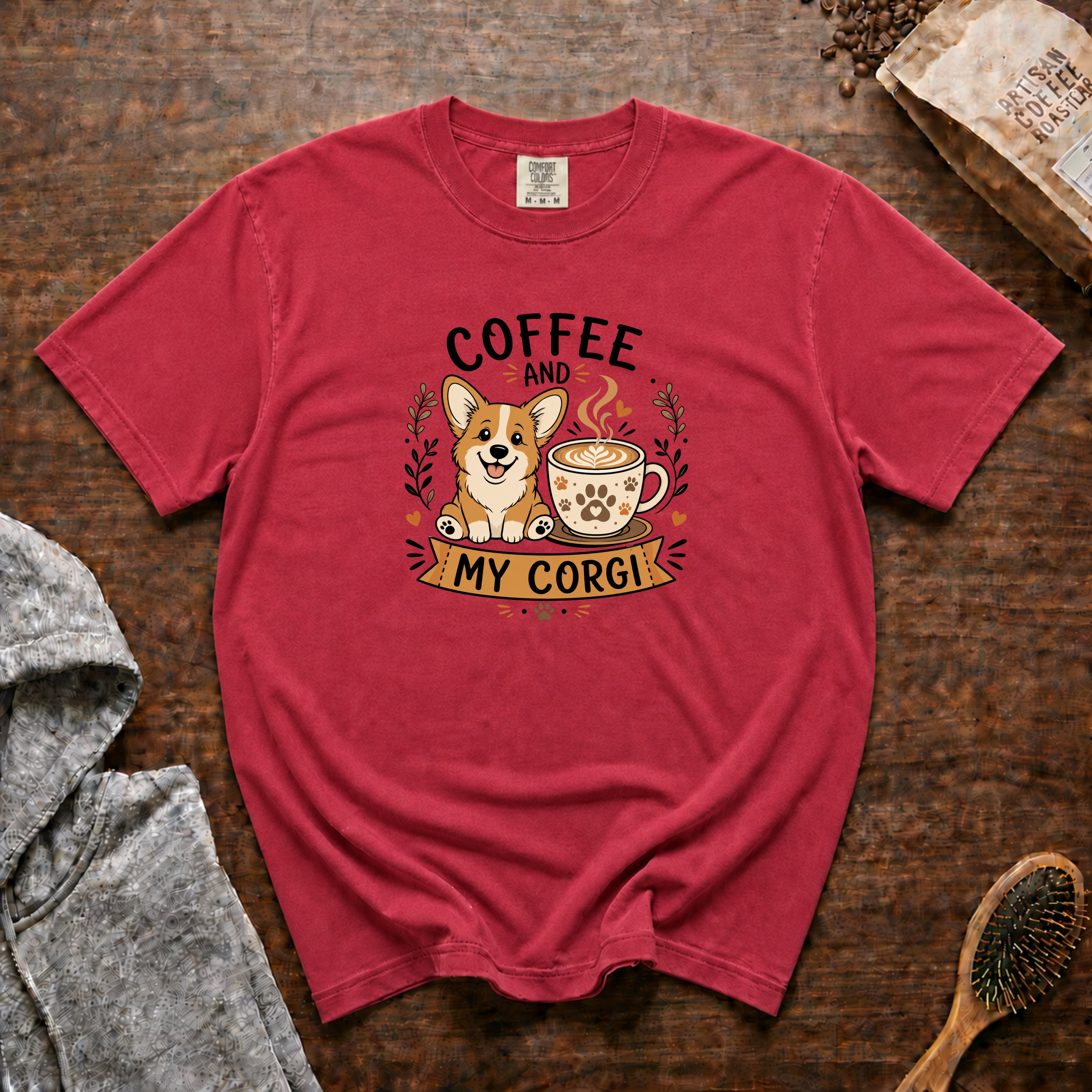 Coffee And My Corgi T-Shirt — Crimson