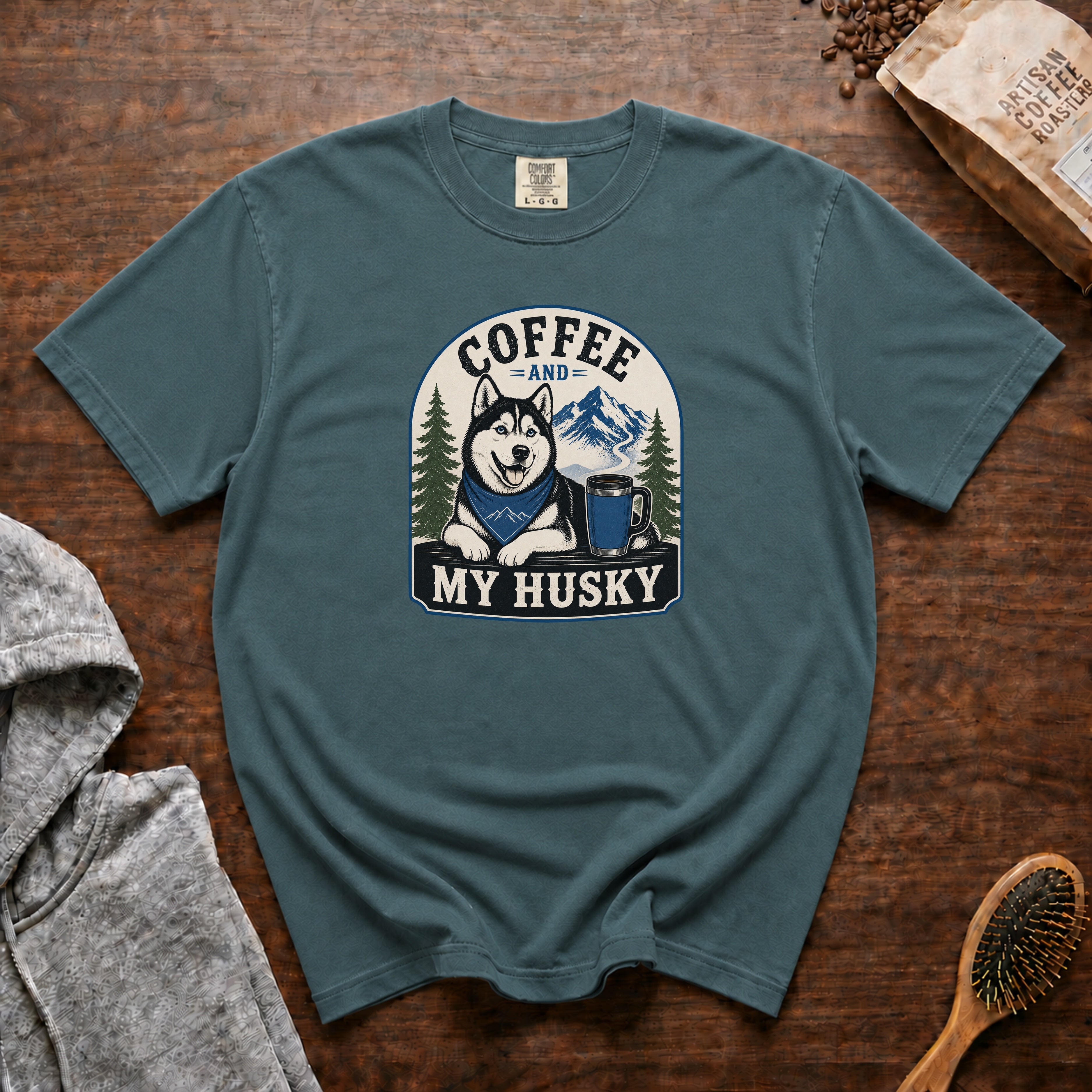 Coffee And My Husky T-Shirt — Blue Spruce