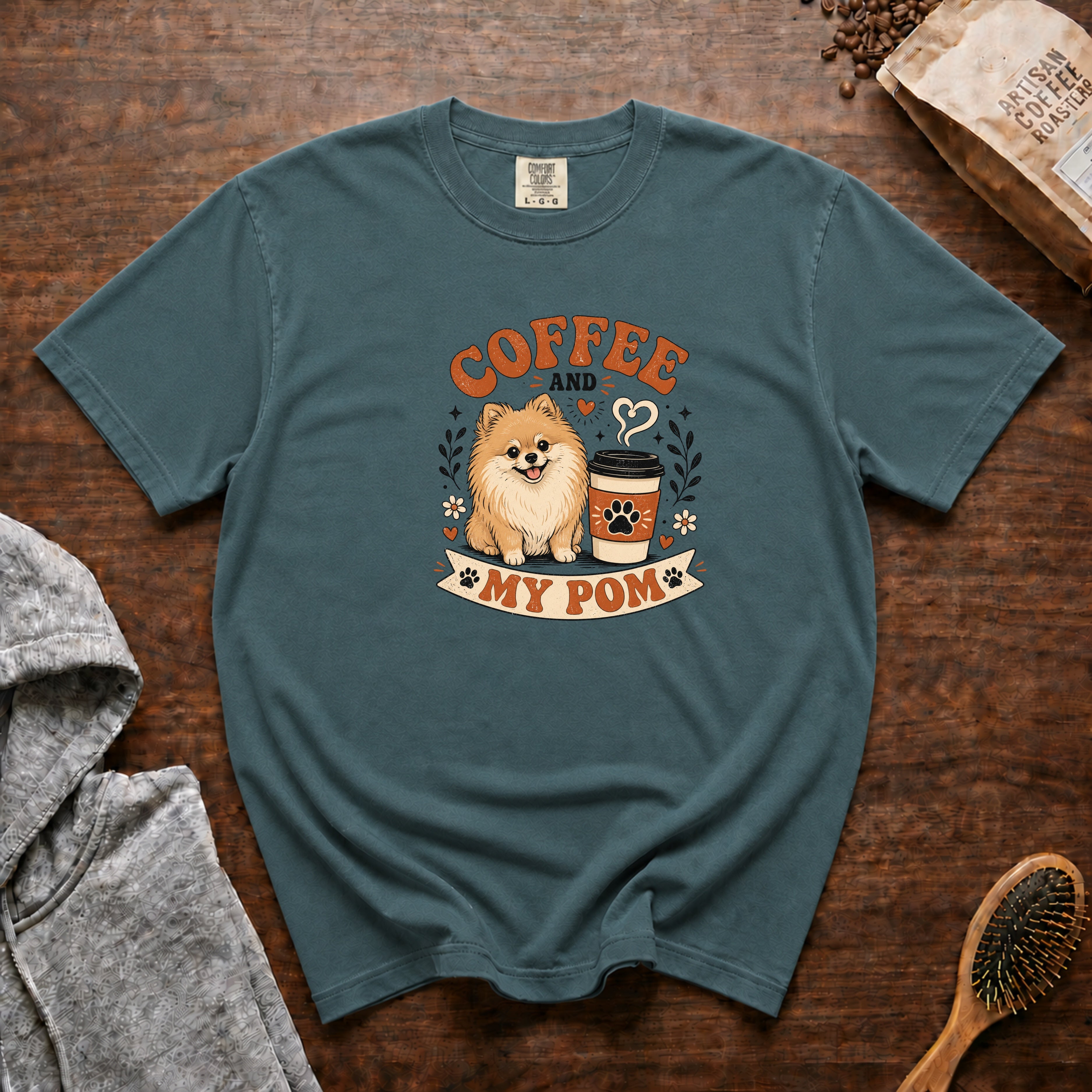 Coffee And My Pom T-Shirt — Blue Spruce