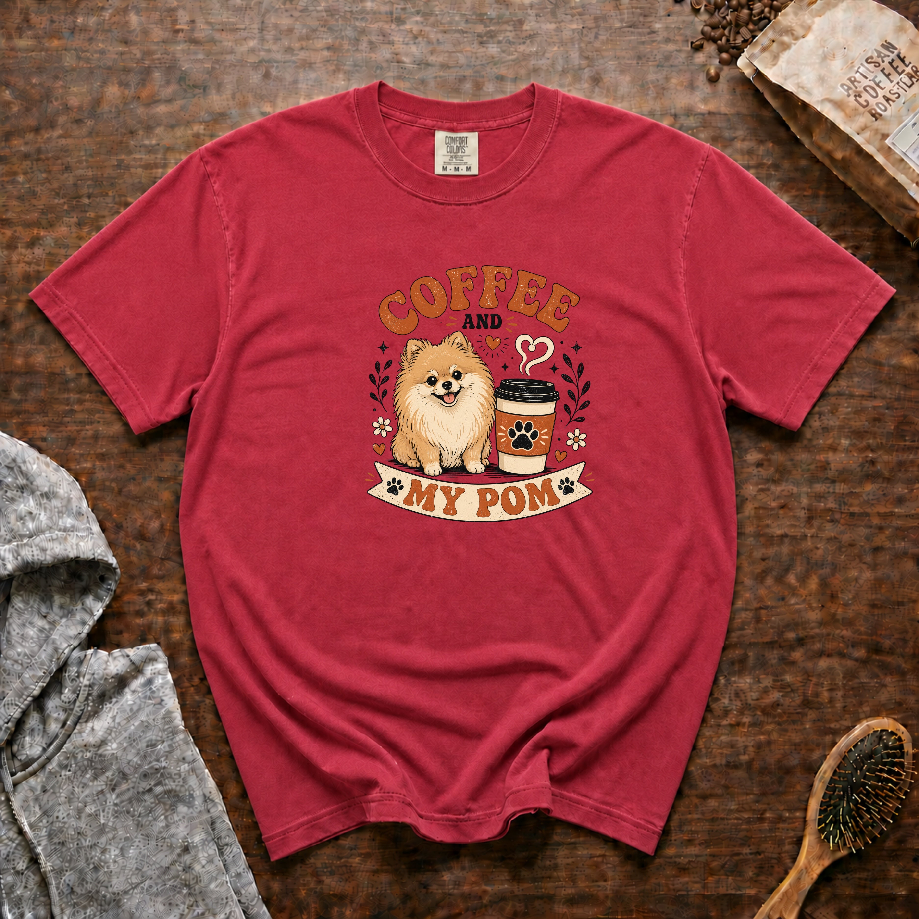Coffee And My Pom T-Shirt — Crimson