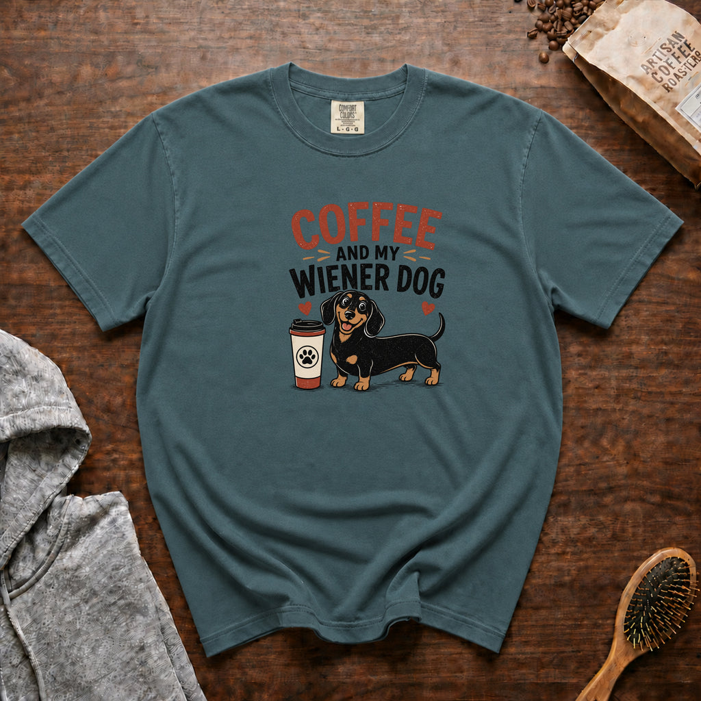 Coffee And My Weiner Dog T-Shirt — Blue Spruce