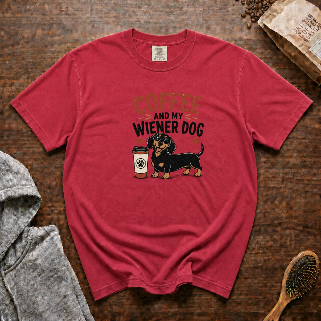 Coffee And My Weiner Dog T-Shirt — Crimson
