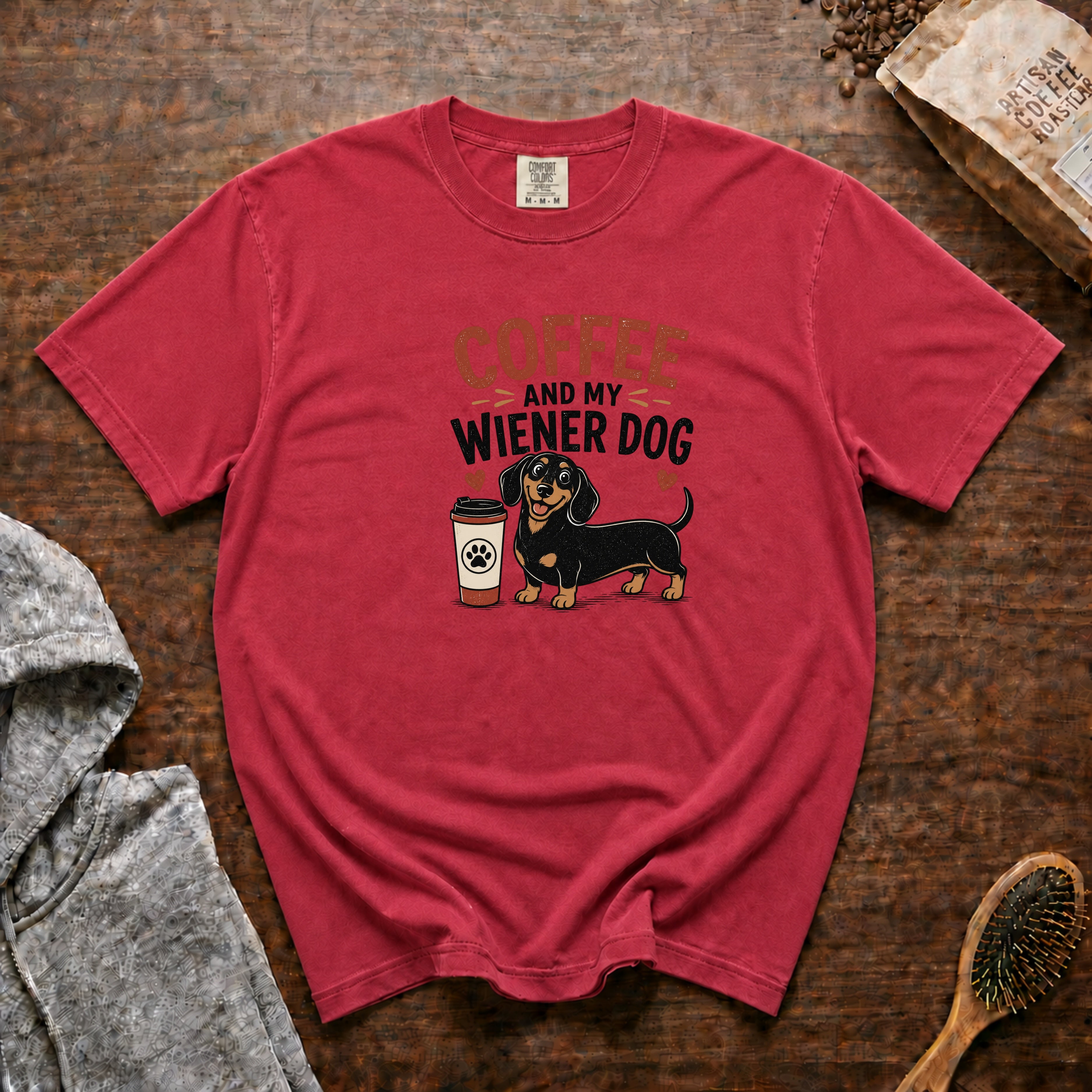 Coffee And My Weiner Dog T-Shirt — Crimson