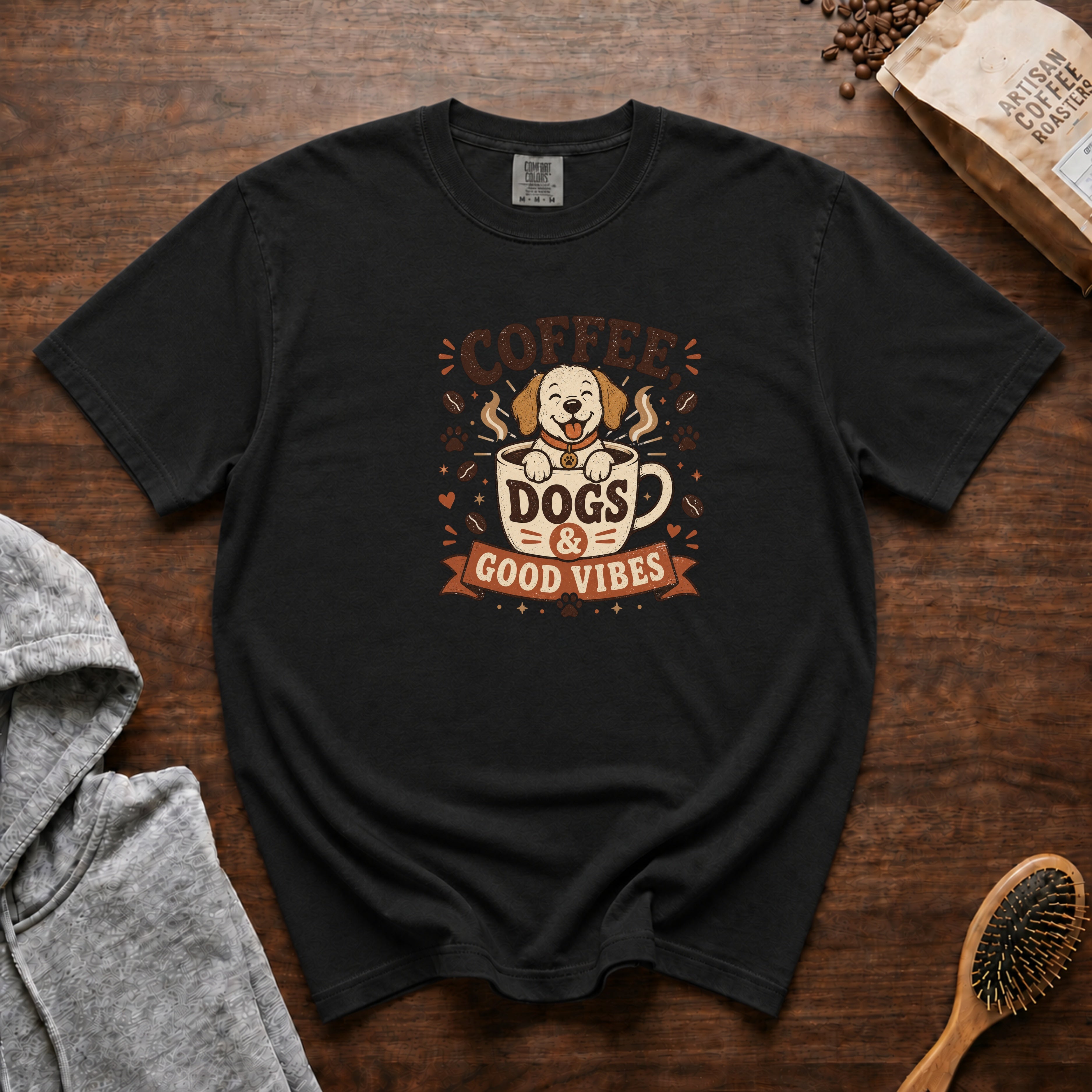 Coffee Dogs And Good Vibes T-Shirt — Black