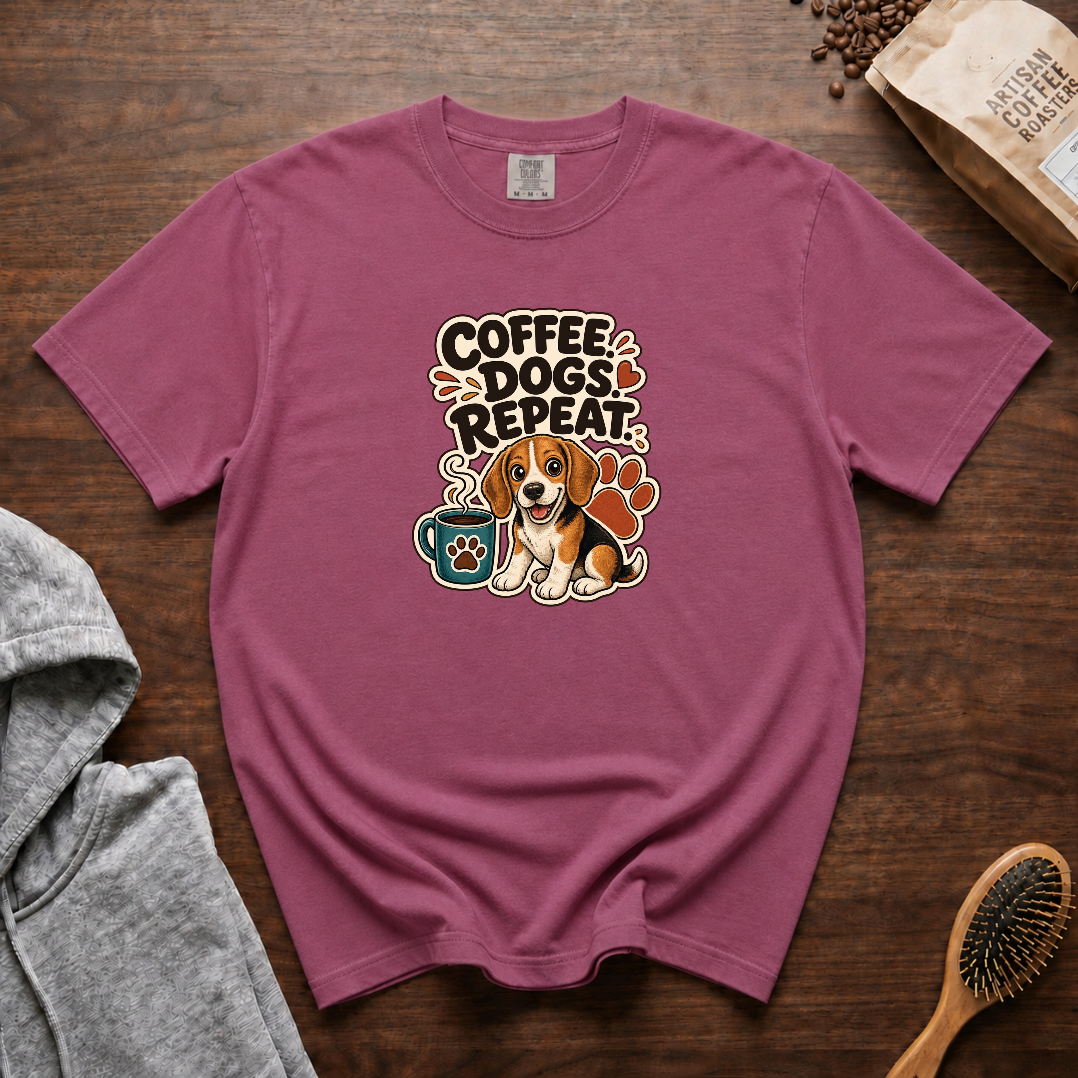 Coffee Dogs Repeat T-Shirt — Berry