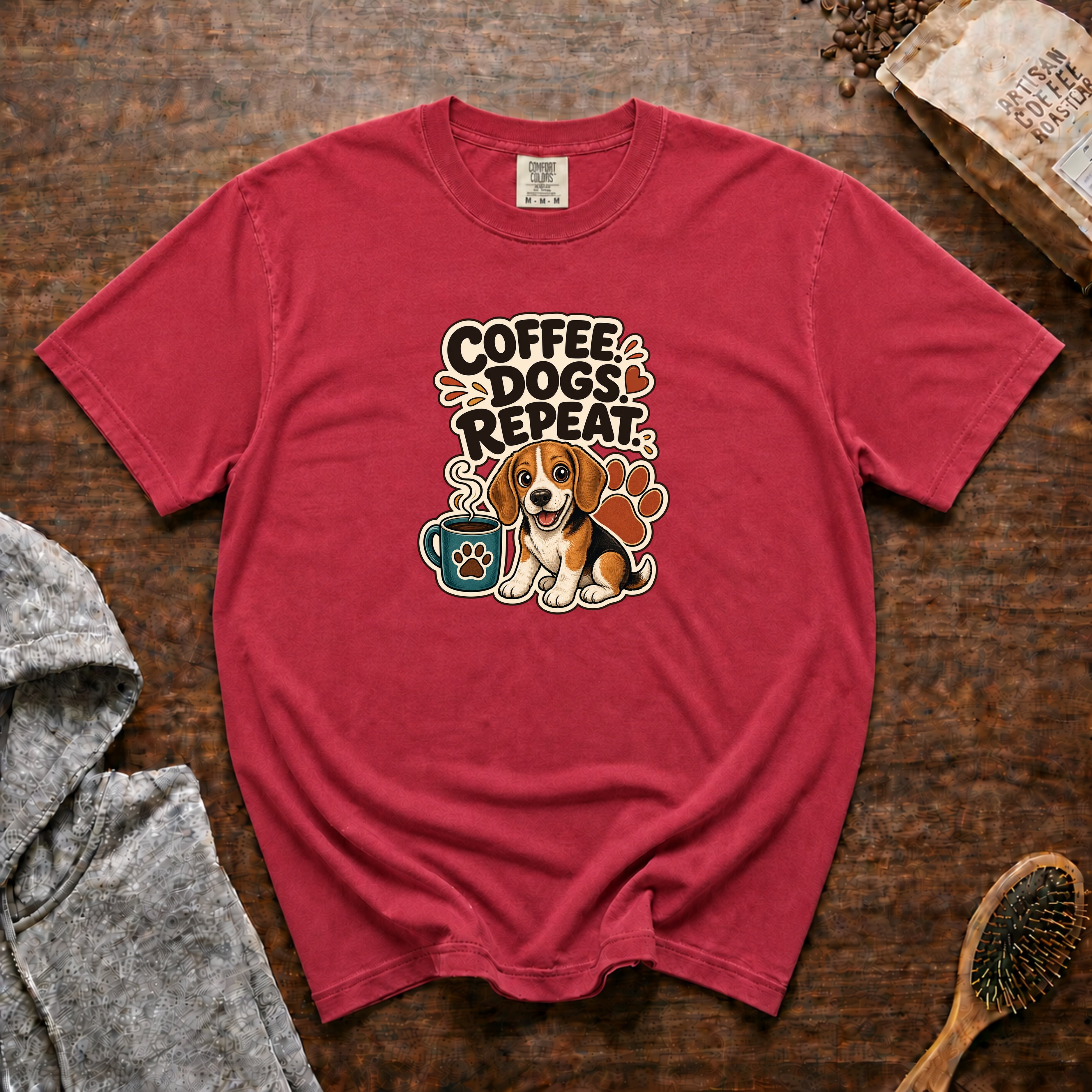 Coffee Dogs Repeat T-Shirt — Crimson