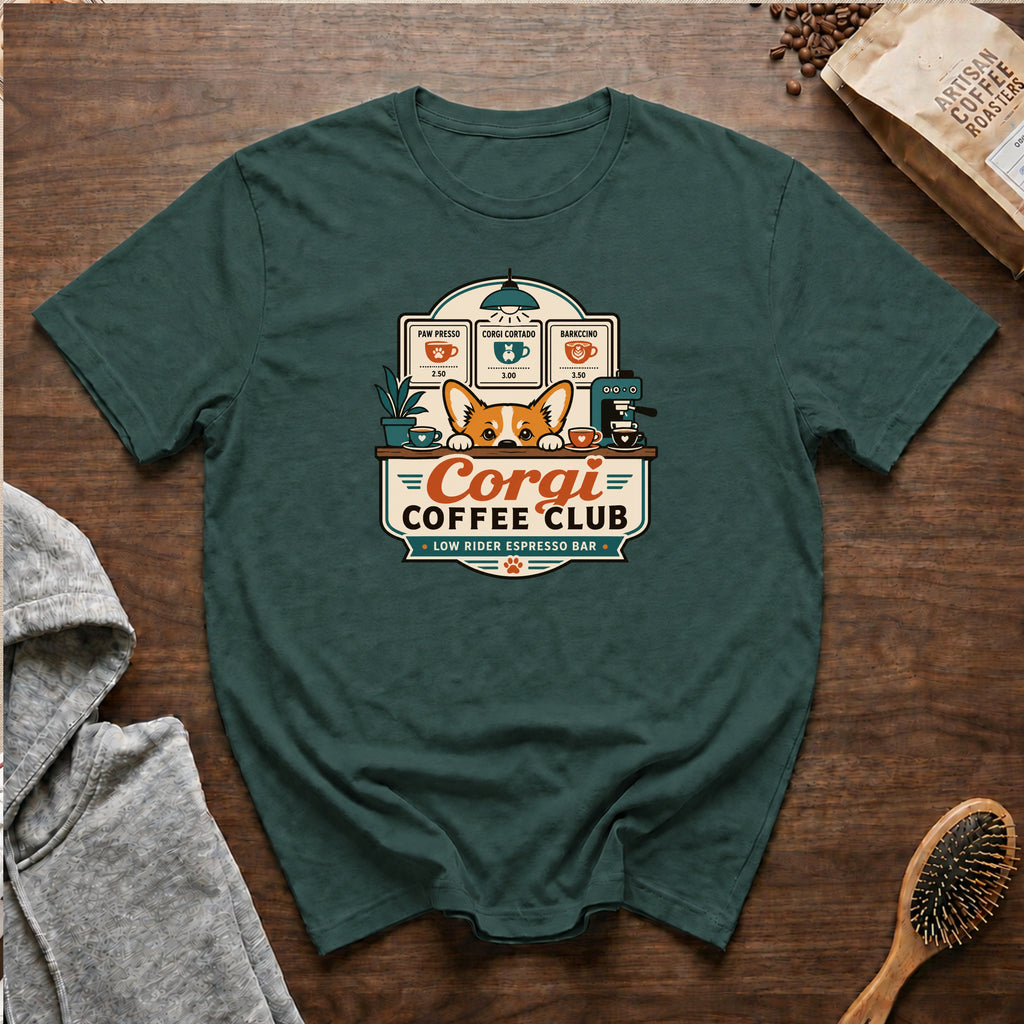Corgi Coffee Club T-Shirt — Blue Spruce