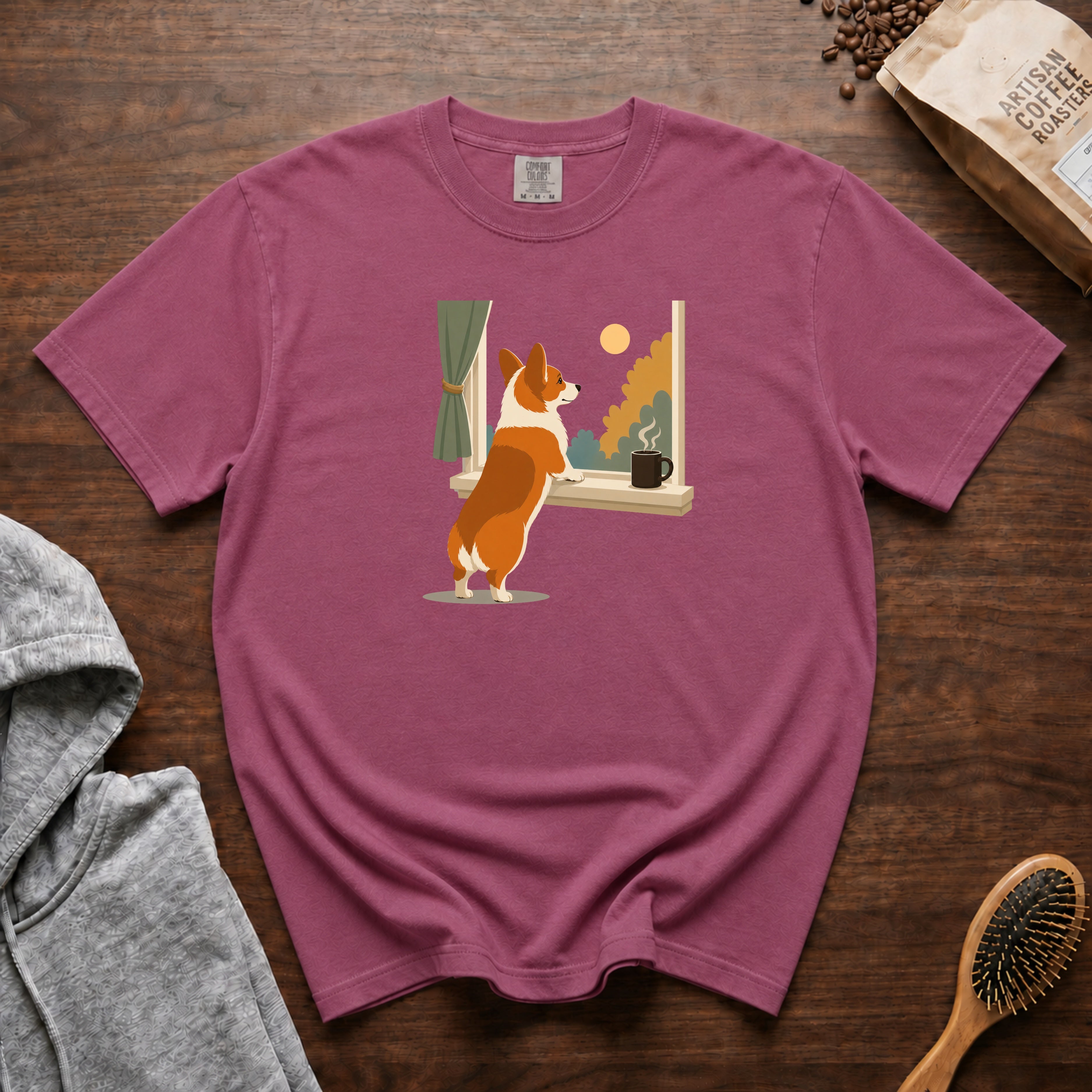 Corgie Window Watch T-Shirt — Berry