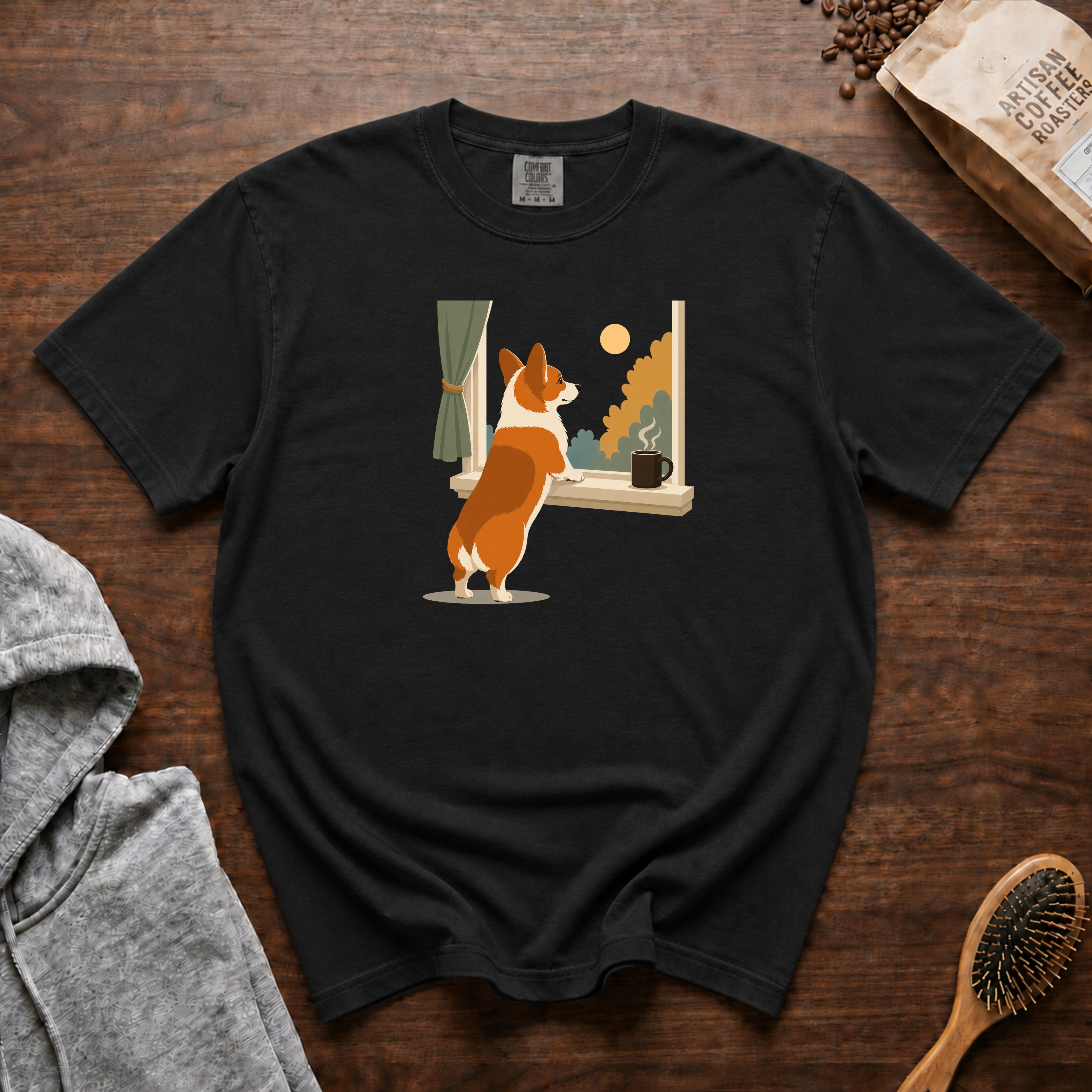 Corgie Window Watch T-Shirt — Black