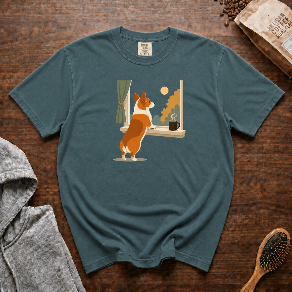 Corgie Window Watch T-Shirt — Blue Spruce