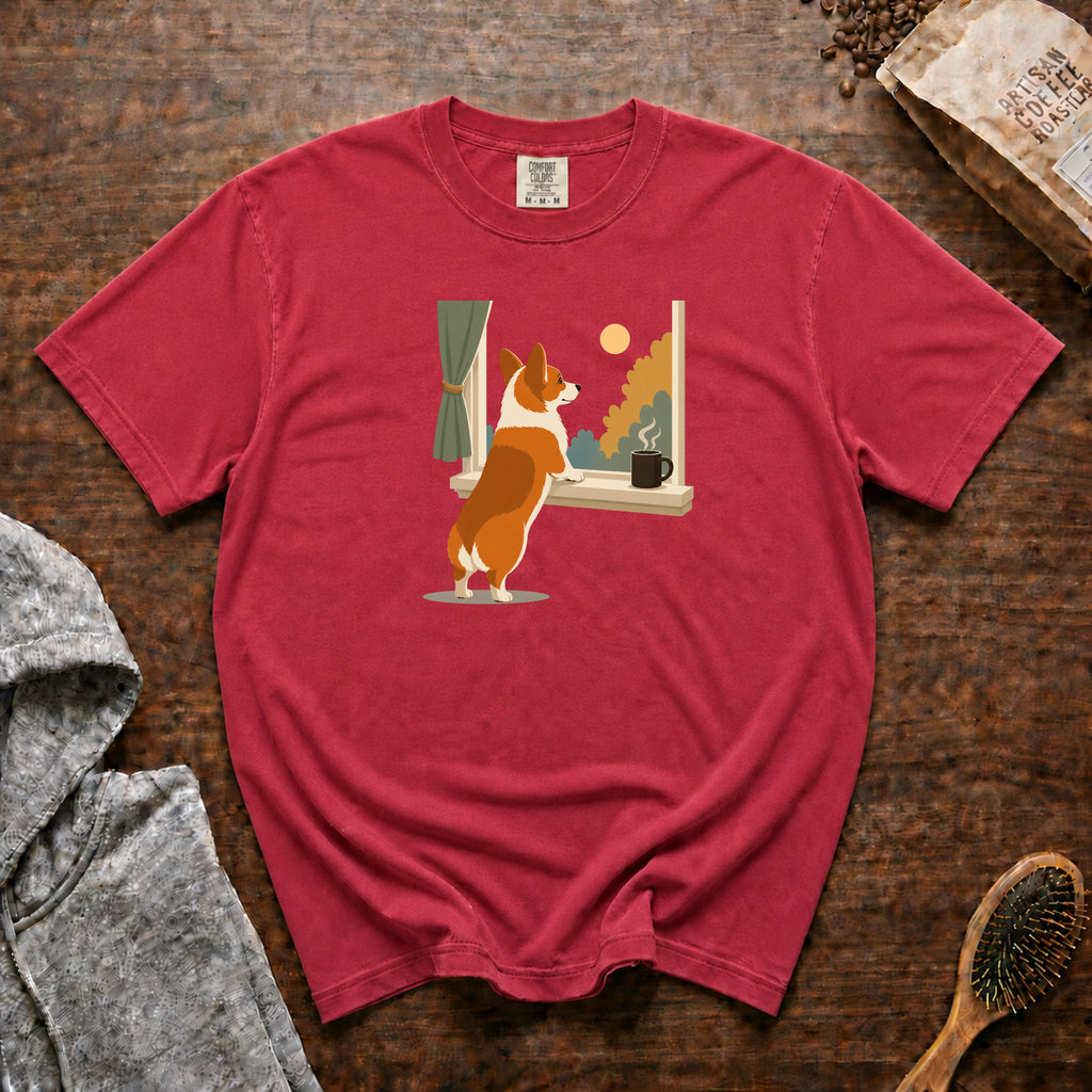Corgie Window Watch T-Shirt — Crimson