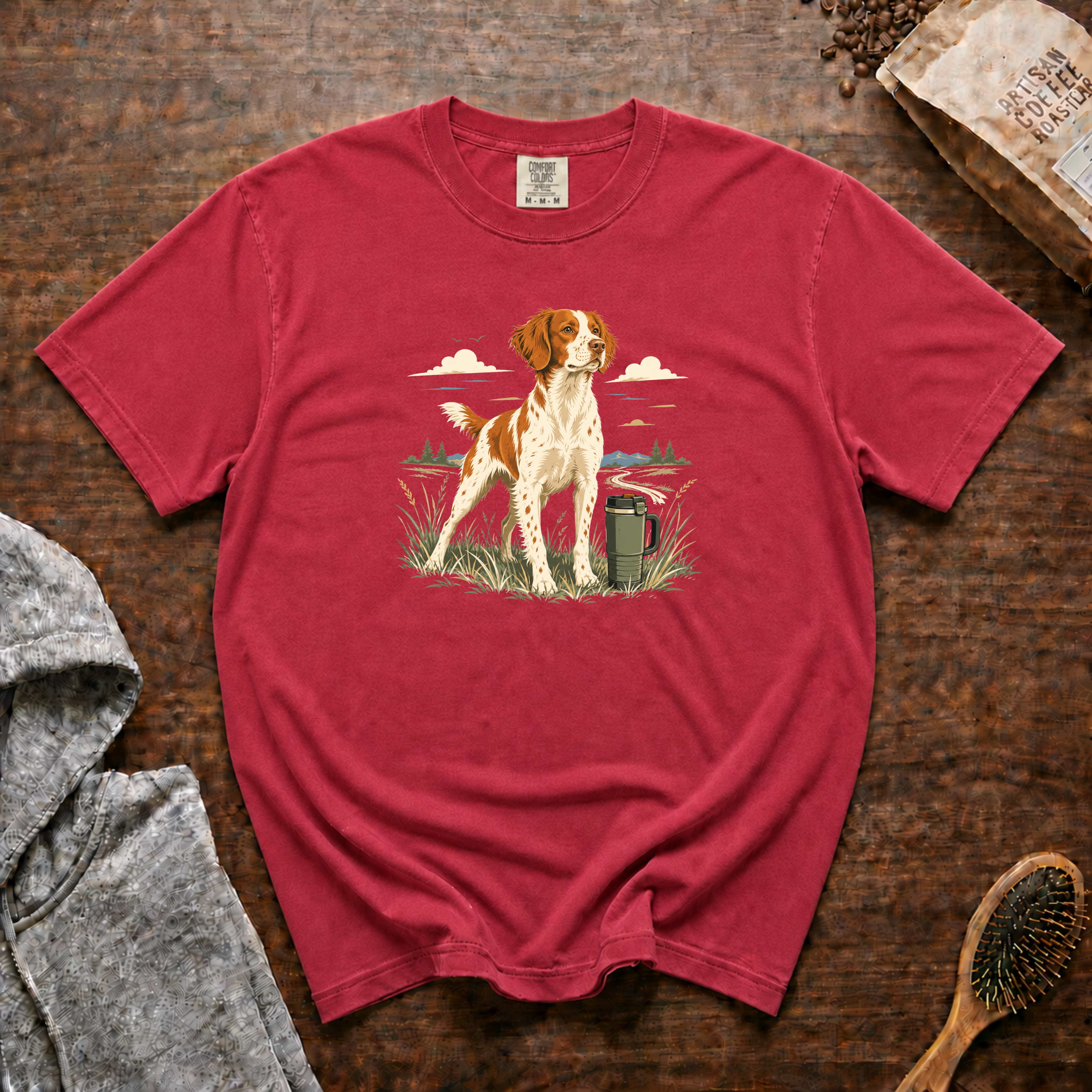 Brittany Field Mug Morning T-Shirt | Brittany Dog Coffee Tee
