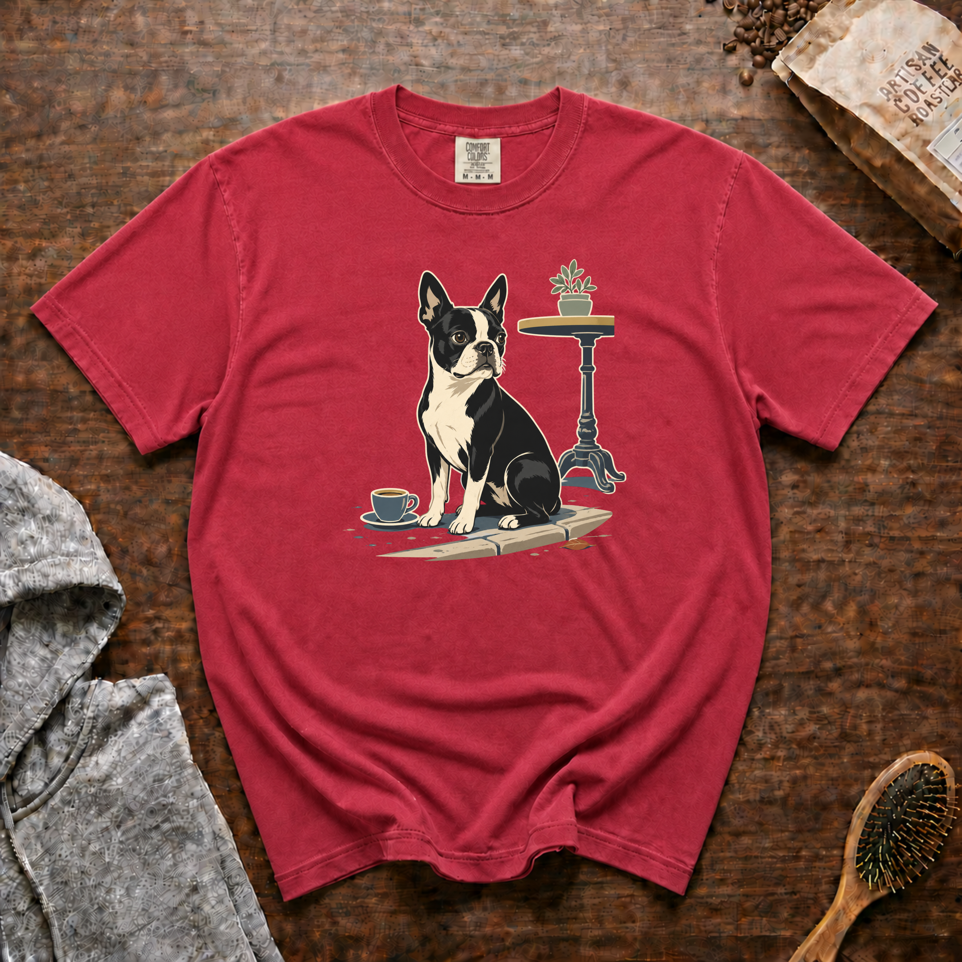 Boston Terrier Sidewalk Espresso T-Shirt | Bosty Coffee Tee