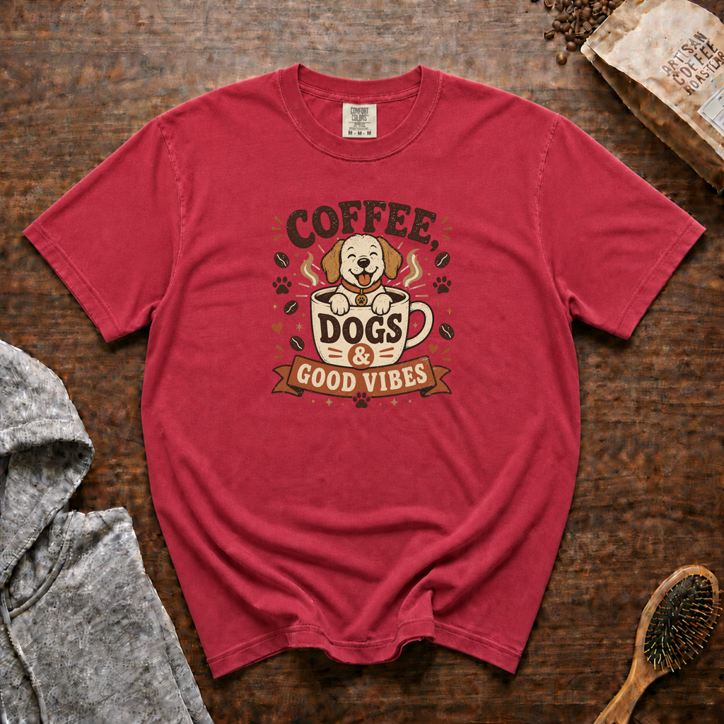 Coffee Dogs And Good Vibes T-Shirt | Dog Lover Coffee Tee