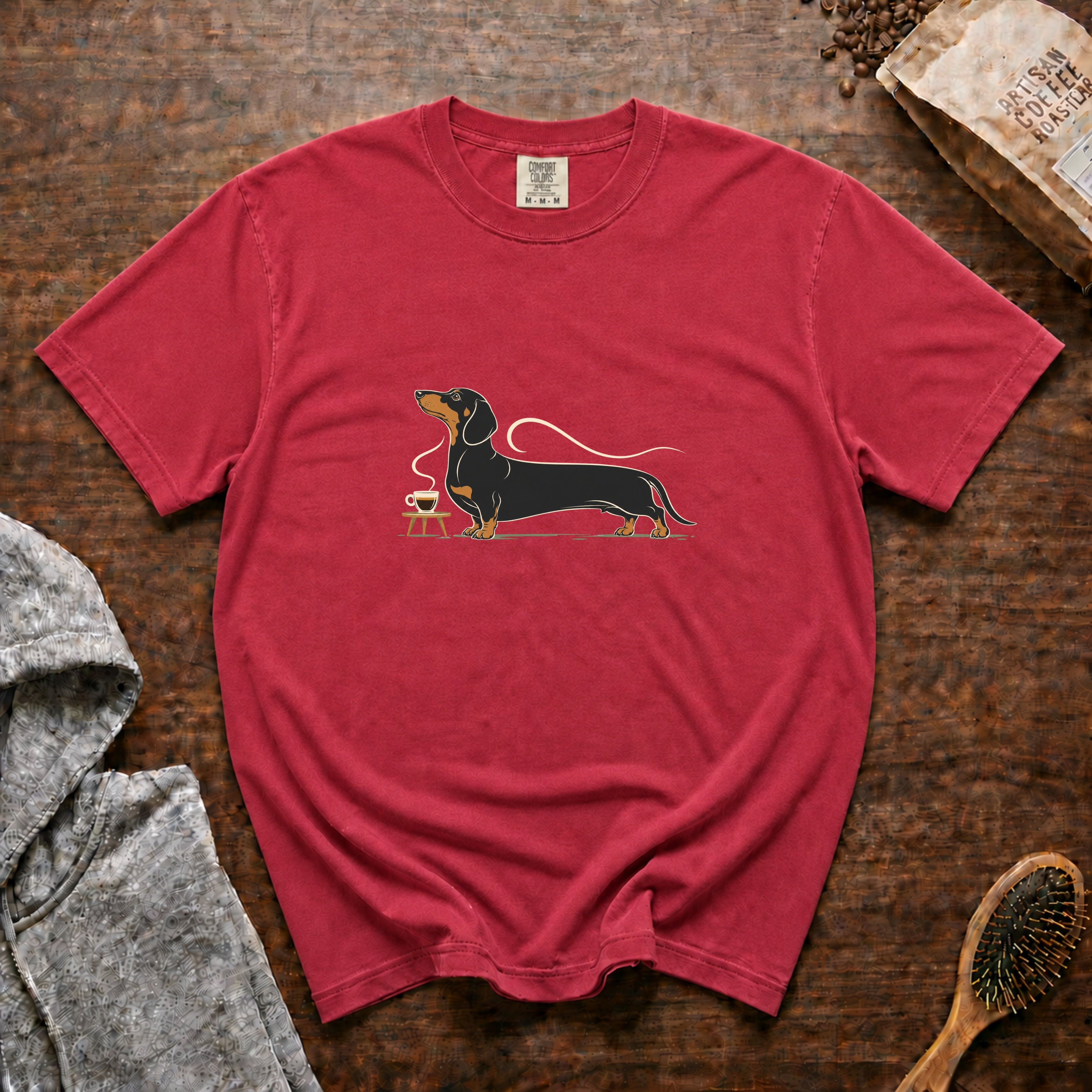 Dachshund Long Pour Espresso 1 T-Shirt — Crimson