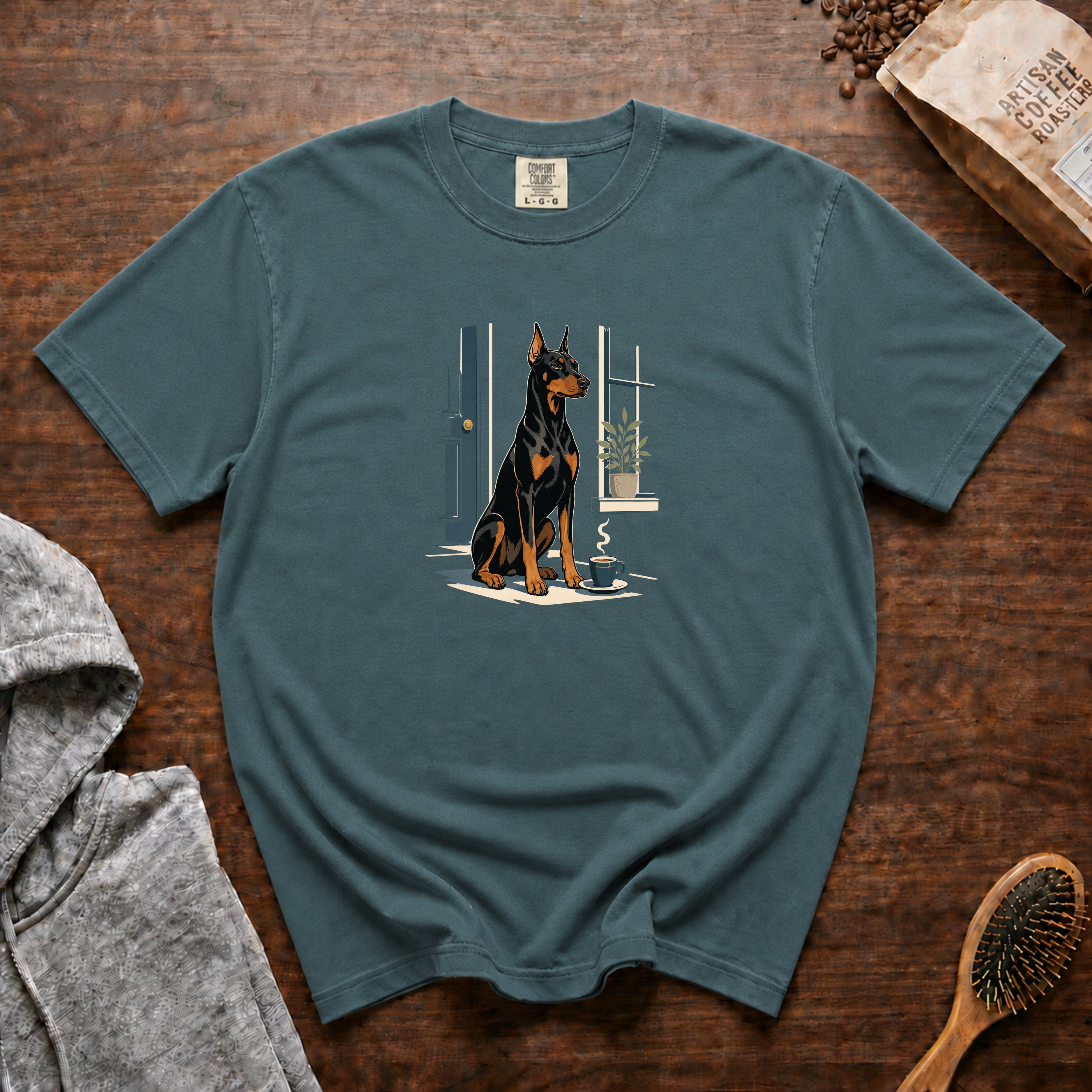 Doberman Pinscher Night Watch Espresso 1 T-Shirt — Blue Spruce