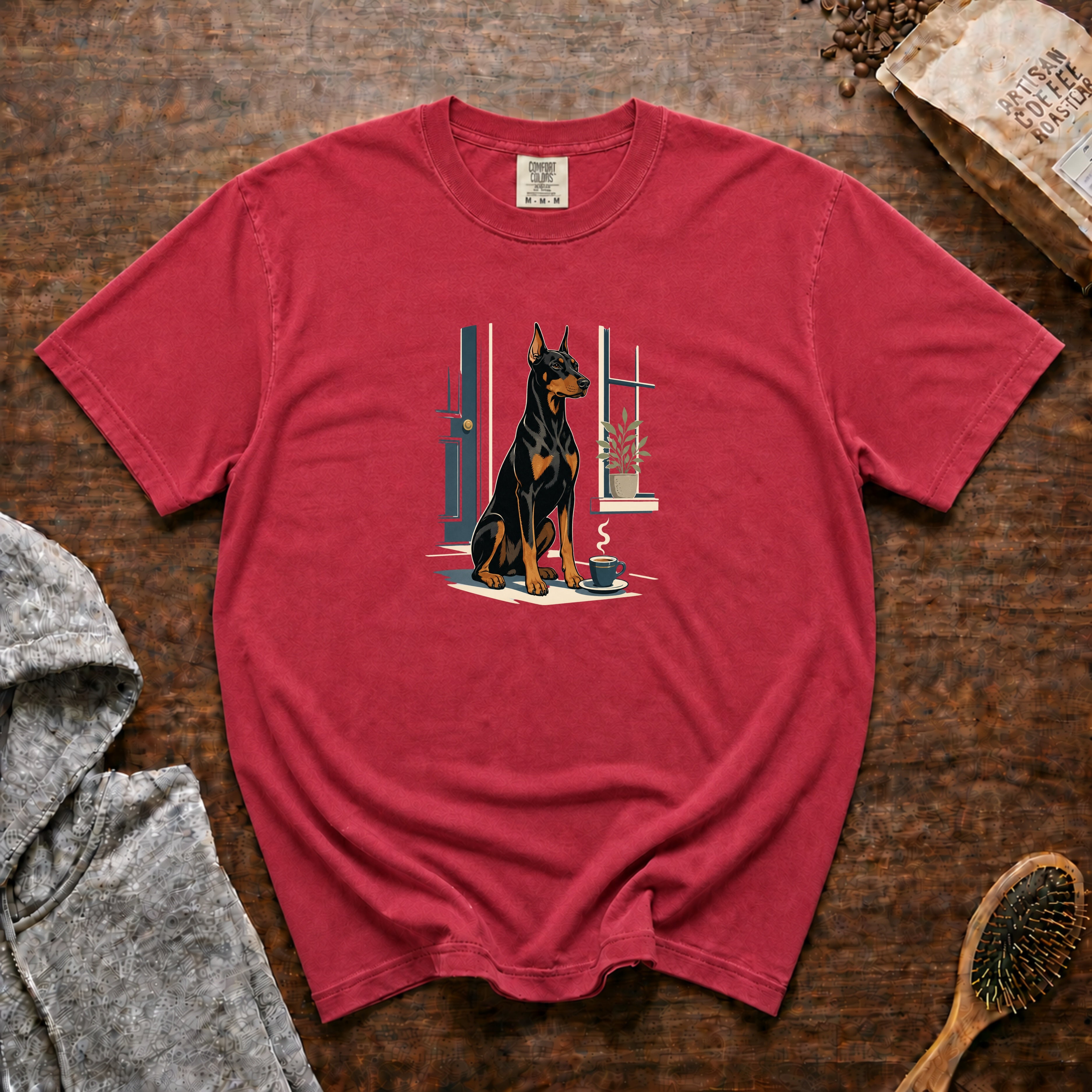 Doberman Pinscher Night Watch Espresso 1 T-Shirt — Crimson