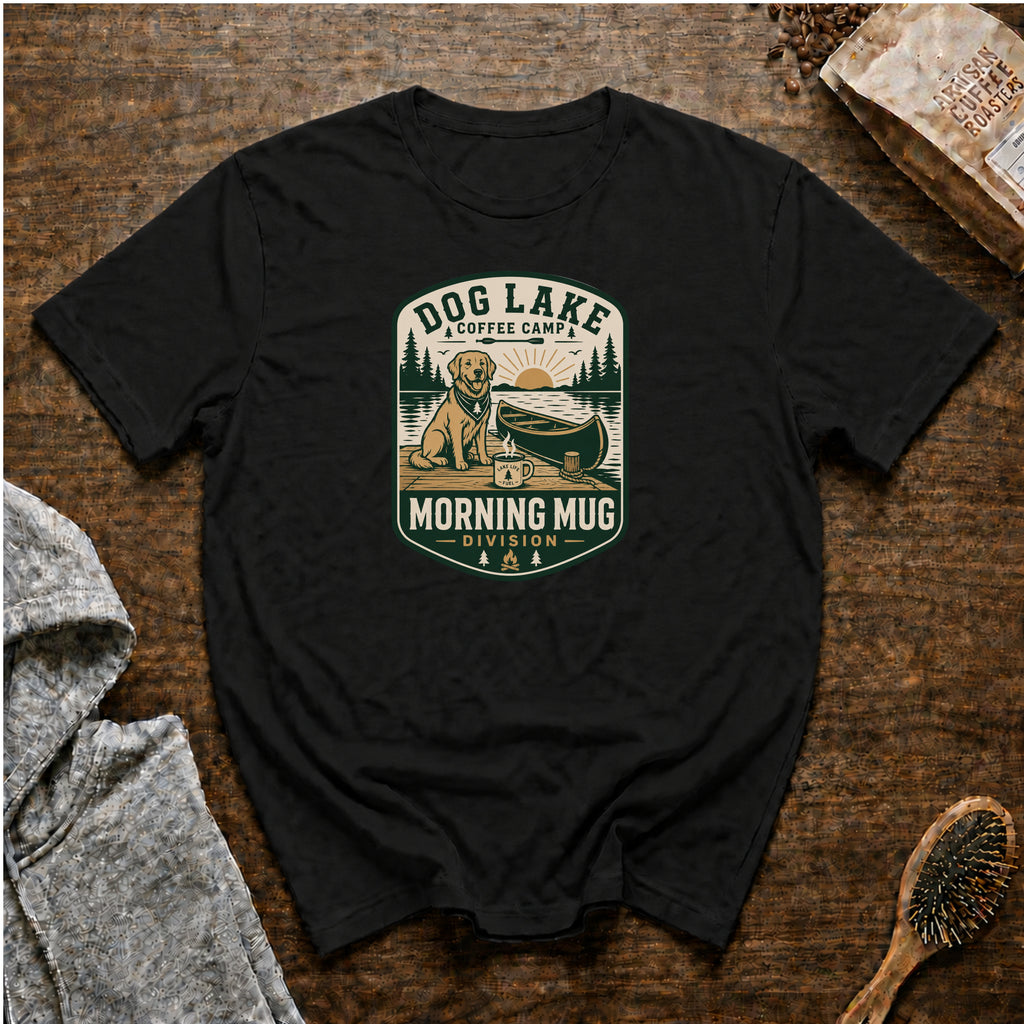 Dog Lake Coffee Camp Morning Mug Division T-Shirt — Black