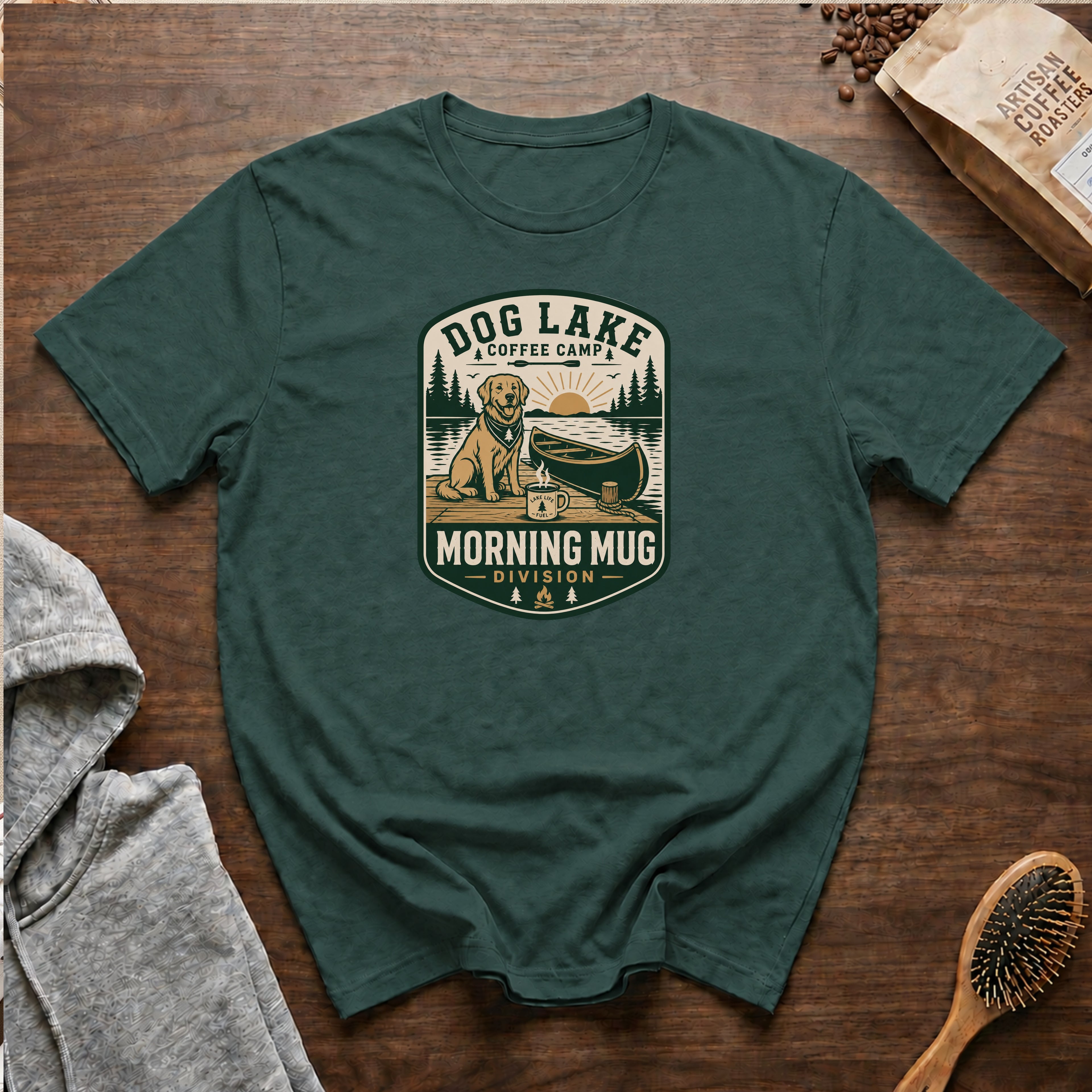 Dog Lake Coffee Camp Morning Mug Division T-Shirt — Blue Spruce