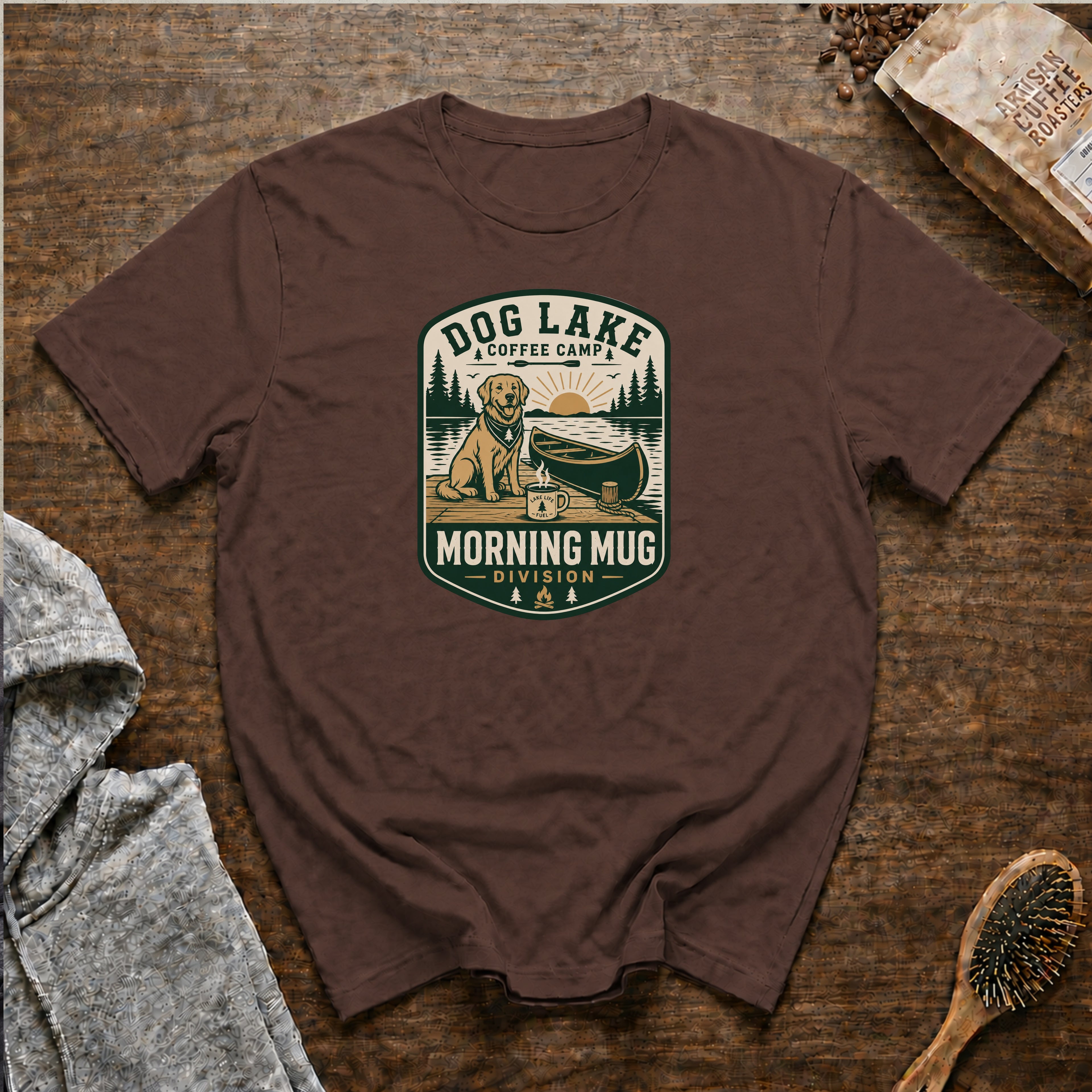 Dog Lake Coffee Camp Morning Mug Division T-Shirt — Espresso