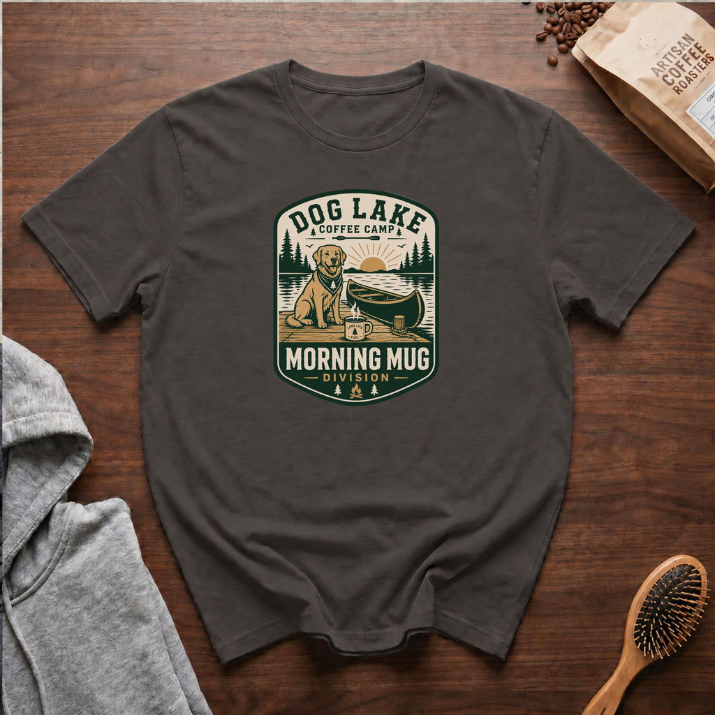 Dog Lake Coffee Camp Morning Mug Division T-Shirt — Pepper