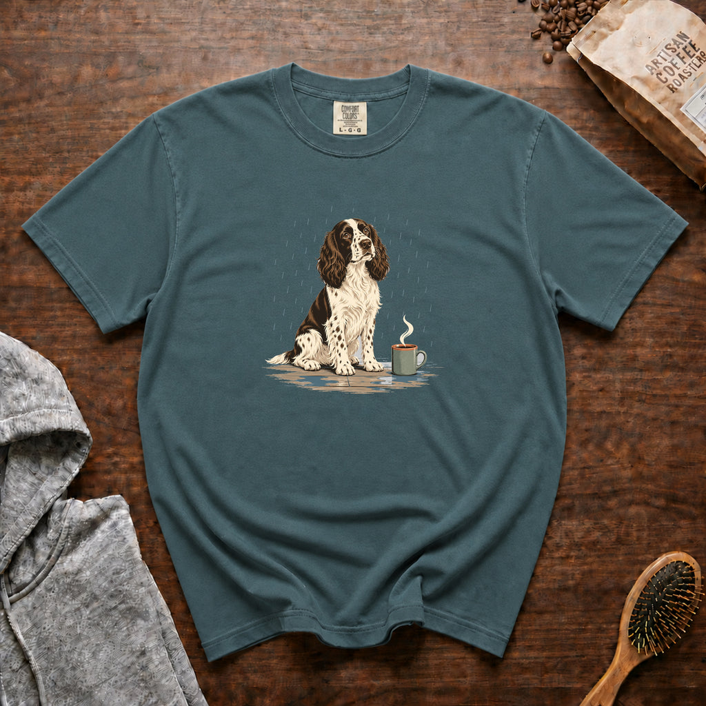 English Springer Spaniel Rain Porch Roast T-Shirt — Blue Spruce