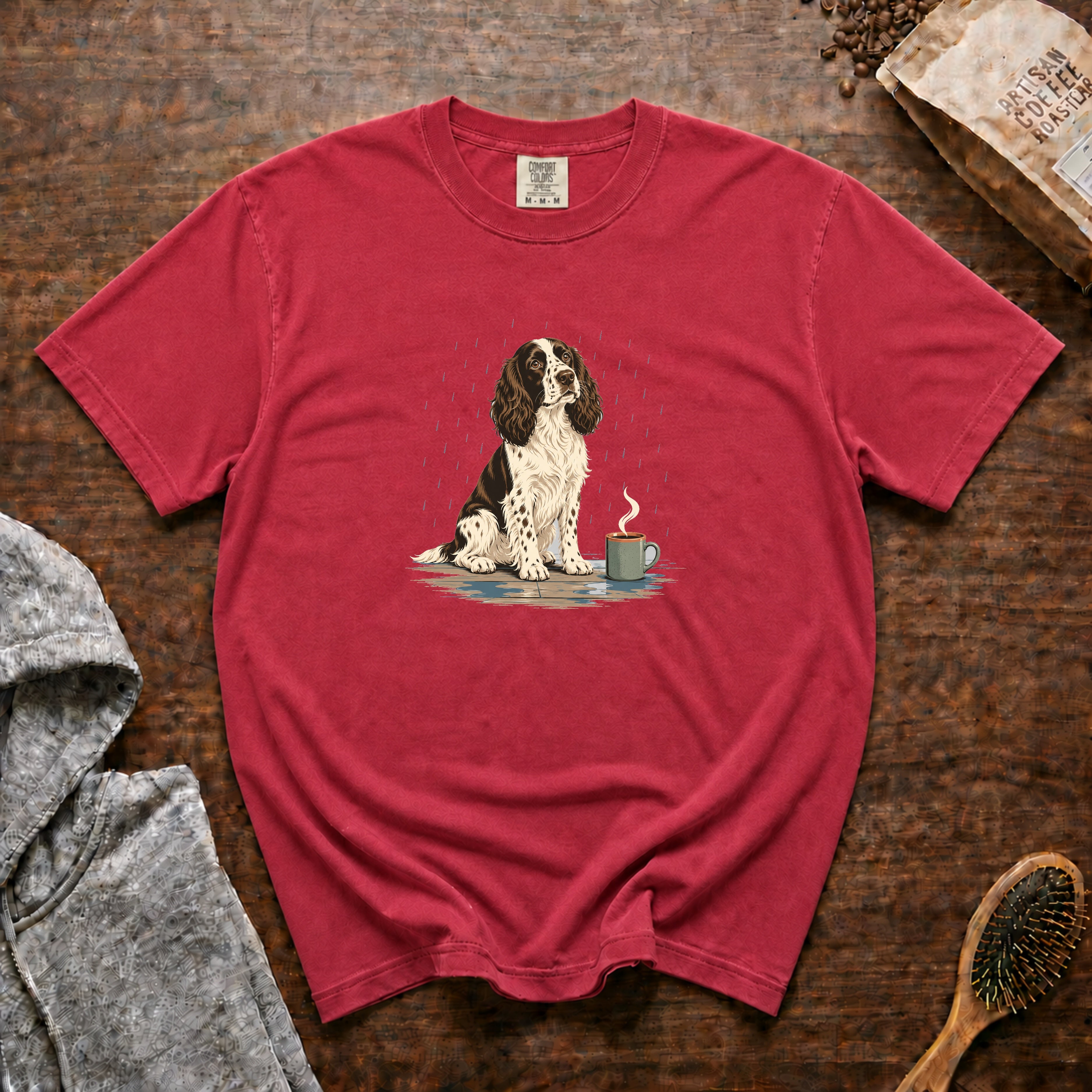 English Springer Spaniel Rain Porch Roast T-Shirt — Crimson