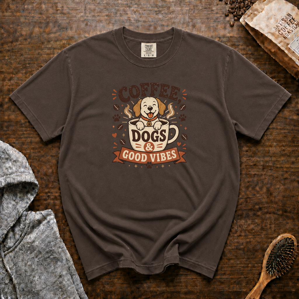 Coffee Dogs And Good Vibes T-Shirt | Dog Lover Coffee Tee