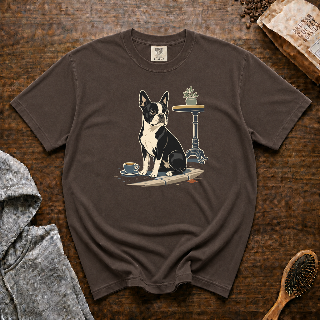 Boston Terrier Sidewalk Espresso T-Shirt | Bosty Coffee Tee