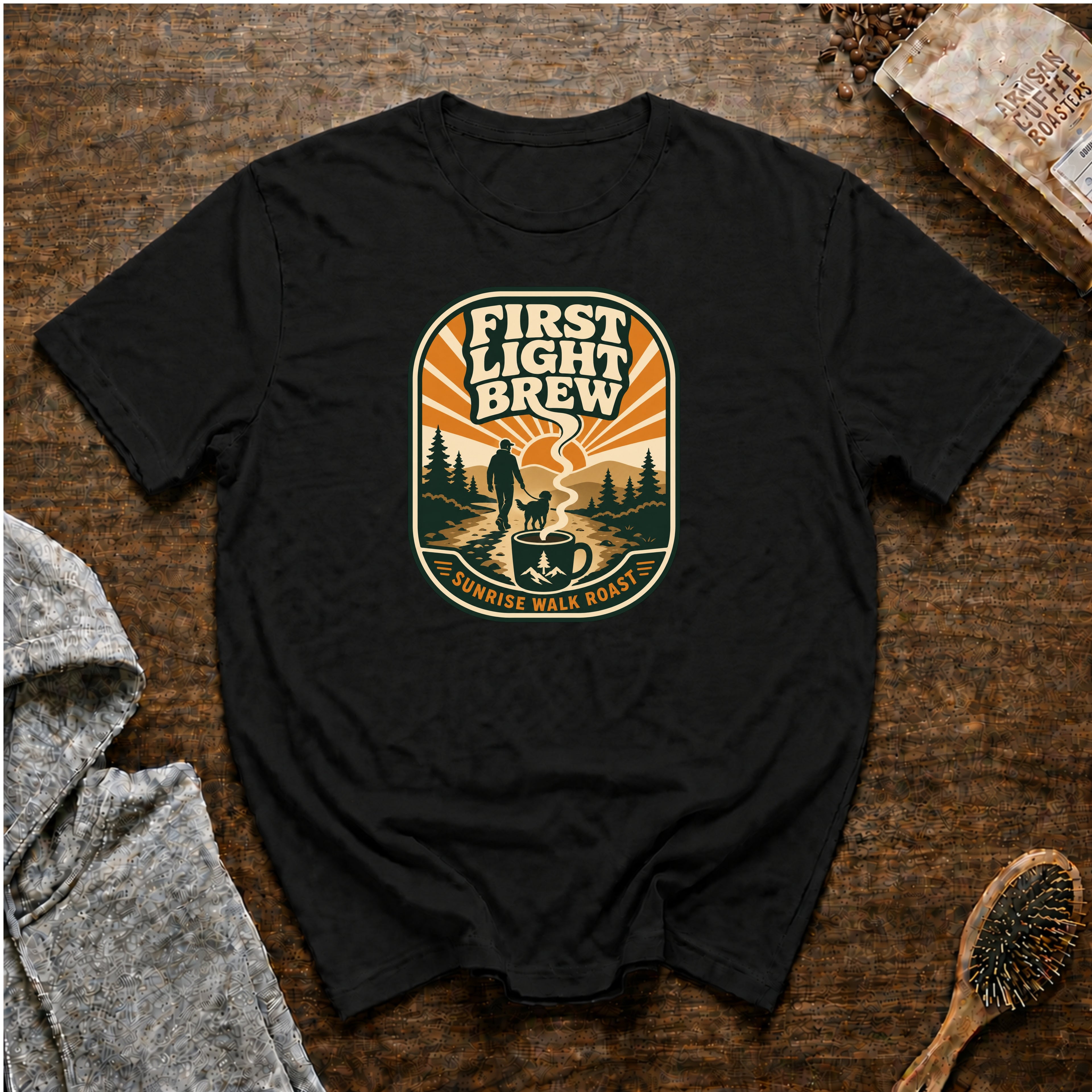 First Light Brew Sunrise Walk Roast T-Shirt — Black